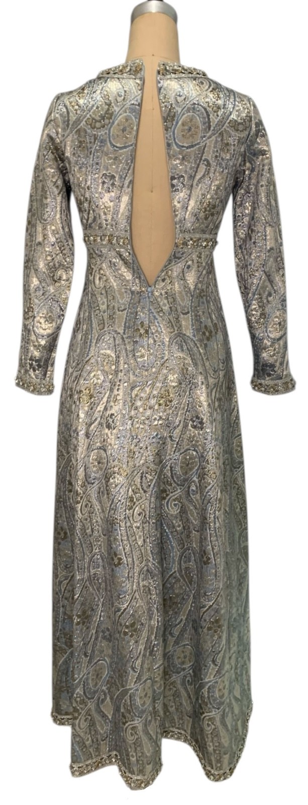 Vintage 60s/70s Women’s Empire Waist Metallic Paisley Brocade Dress – Size XS/S