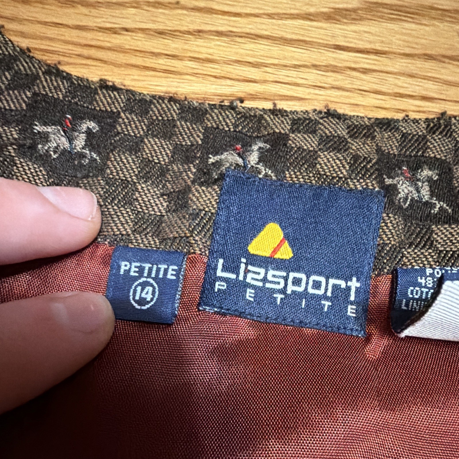 Lizsport Petite Size 14 Brown & Black Checkered Vest Red Lined Polyester/Cotton