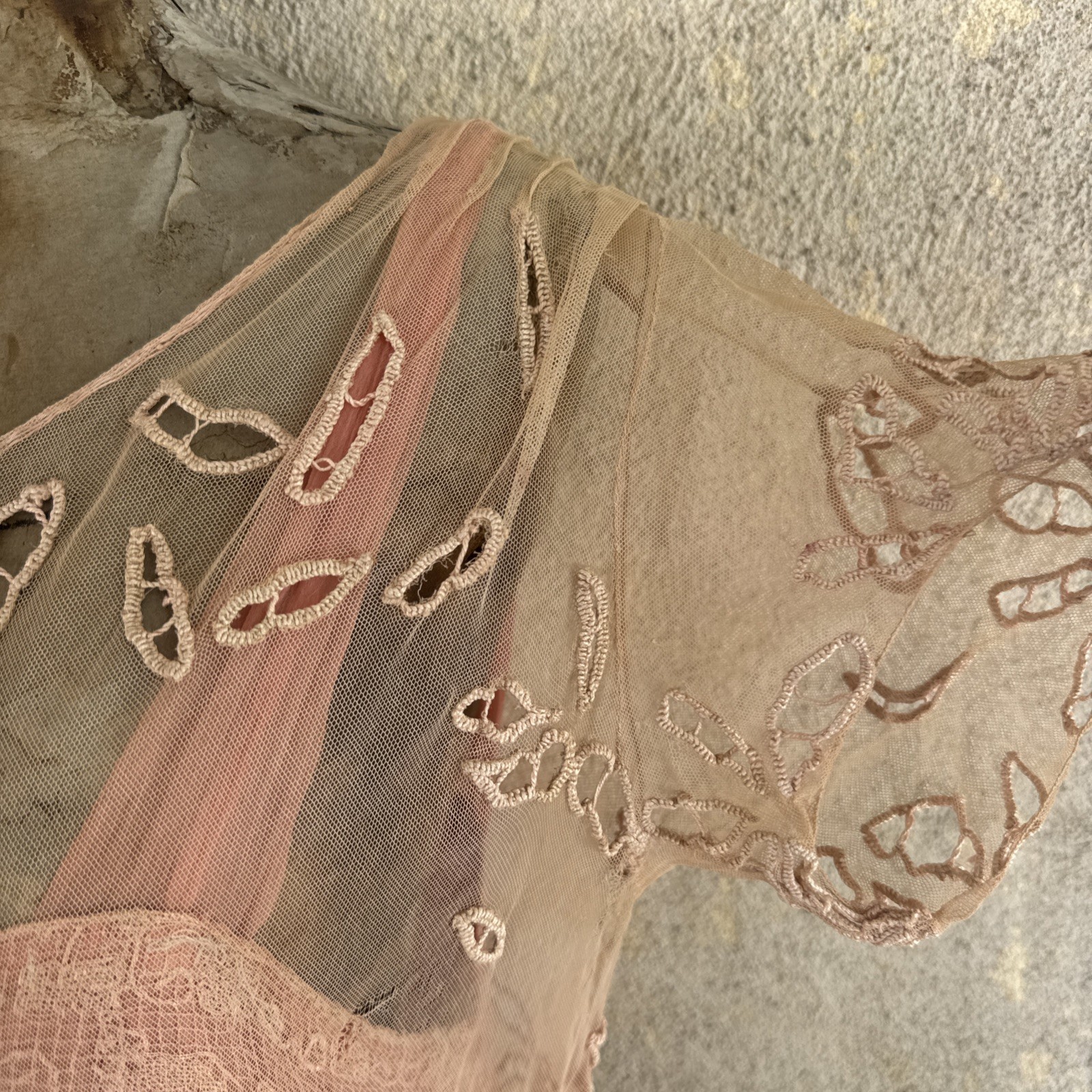 Antique 1920s Cotton Candy Pink French Filet Net Lace &Silk Dress Eyelet Vintage