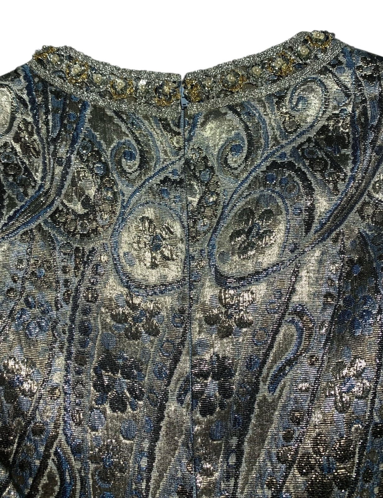 Vintage 60s/70s Women’s Empire Waist Metallic Paisley Brocade Dress – Size XS/S