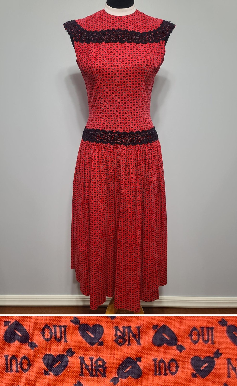 Vintage 1940s 1950s Heart Novelty Print French Oui Non Dress Love Yes No AS-IS