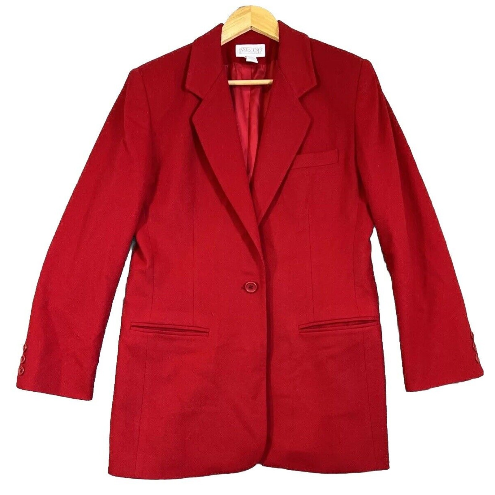 Lands’ End Wool Cashmere Blazer 10 Red Single Button Pockets Long Y2K USA