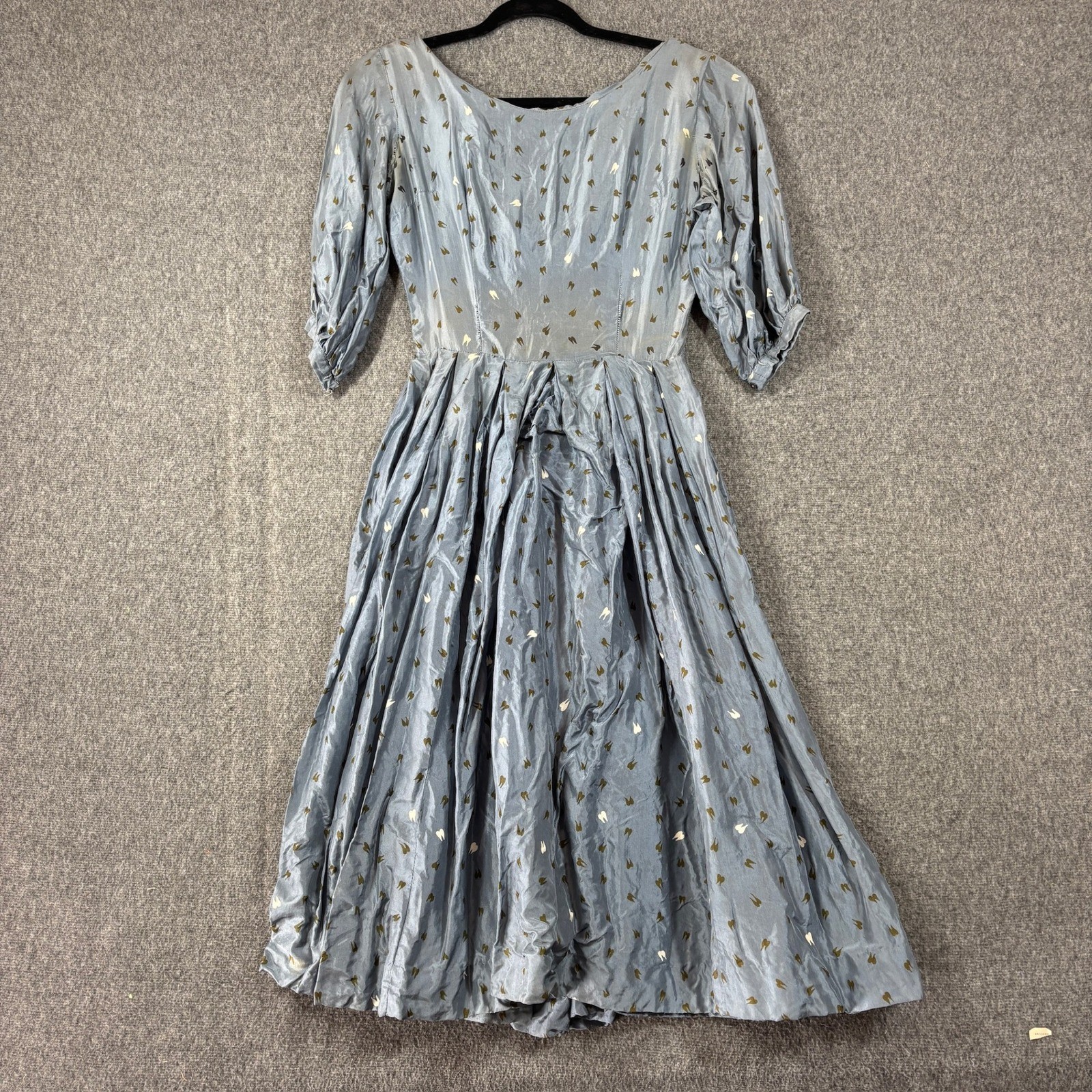 Vintage 50s Fit Flare Novelty Print Dress Blue Grey Silk Study Restoration Piece