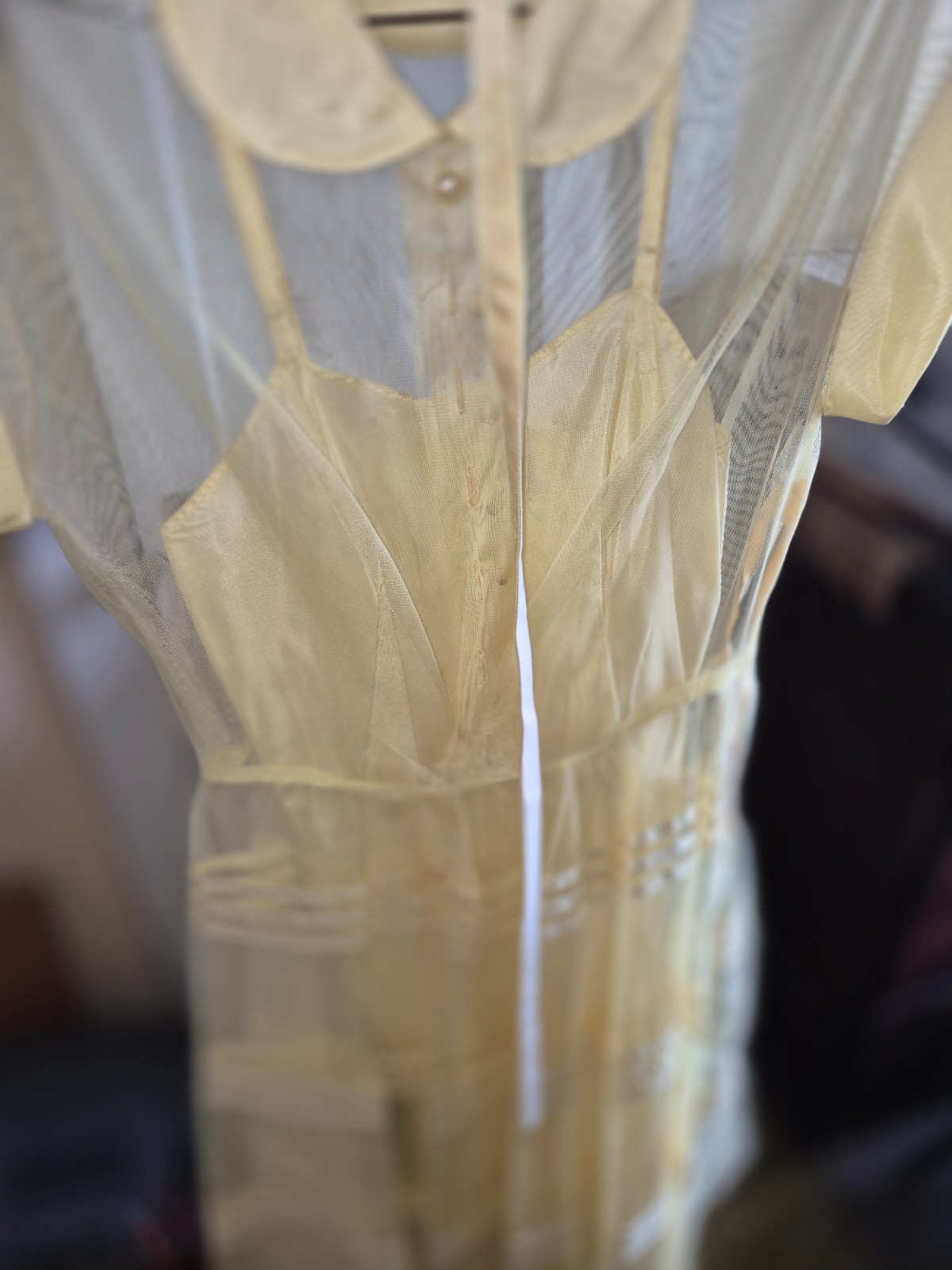 1950s Sheer Yellow Dress With Peter Pan Collar And Full Length Slip