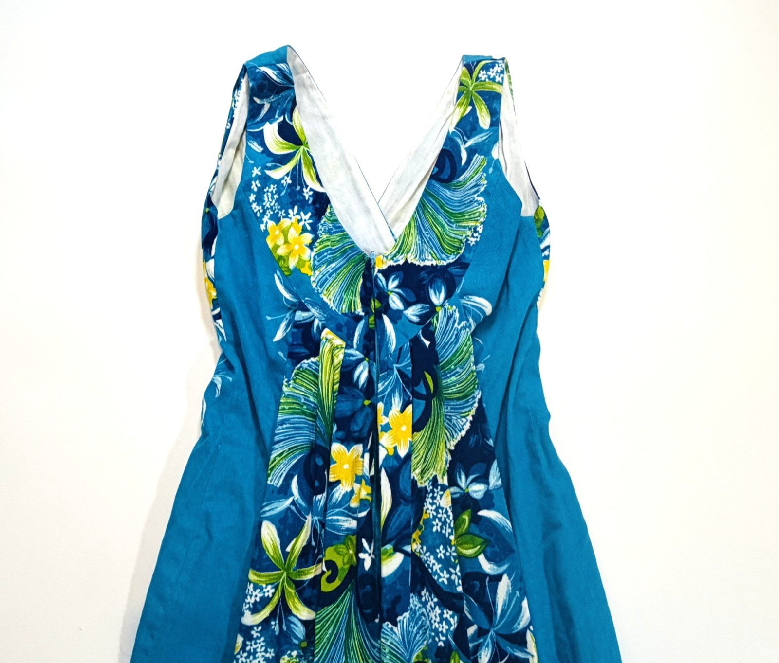 VTG Women’s Hawaiian Togs Blue Floral Barkcloth Pleated Train Maxi Dress Sz XS