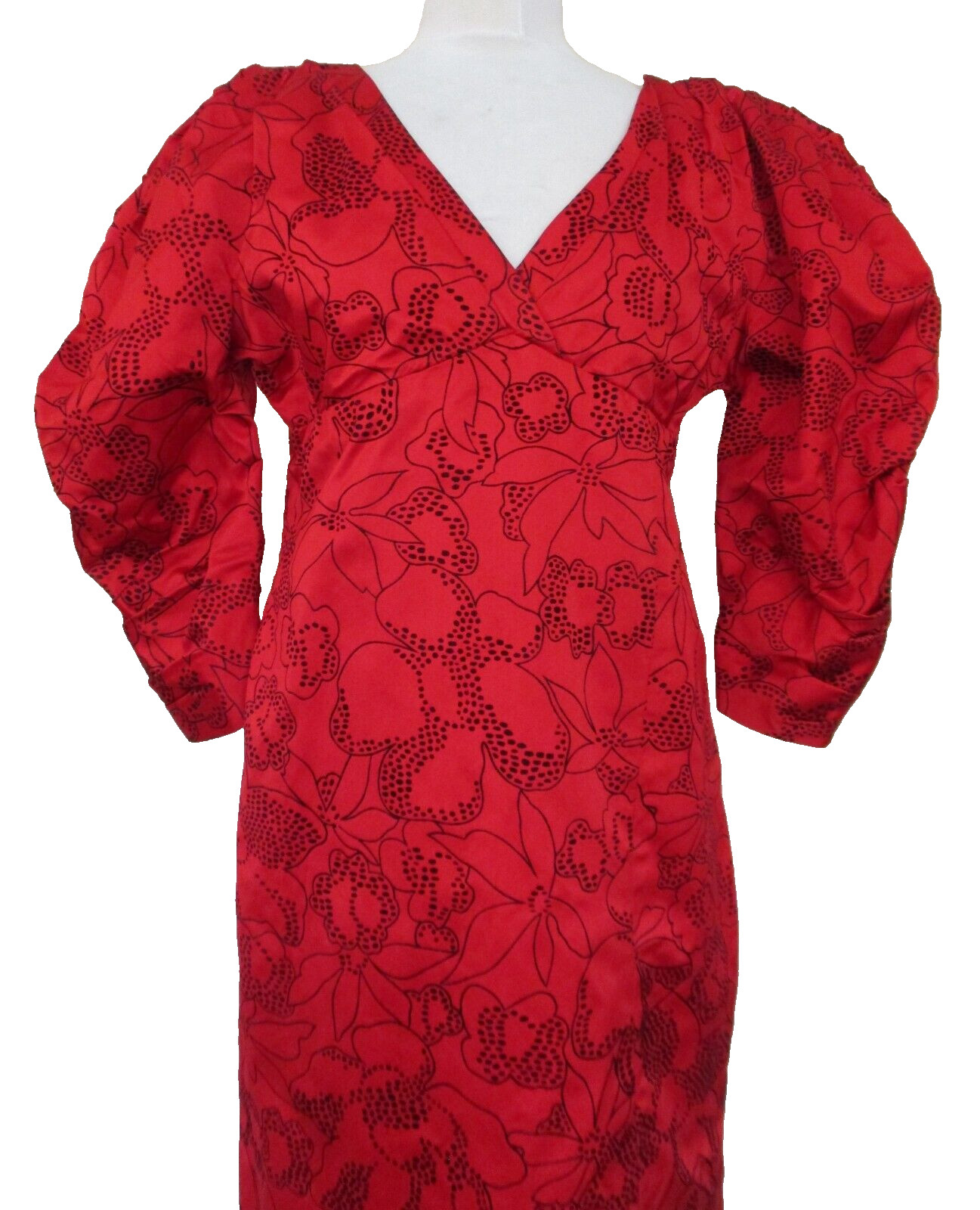 Vintage Pauline Trigere Evening Gown Medium Women Red Satin Flocked Maxi Dress