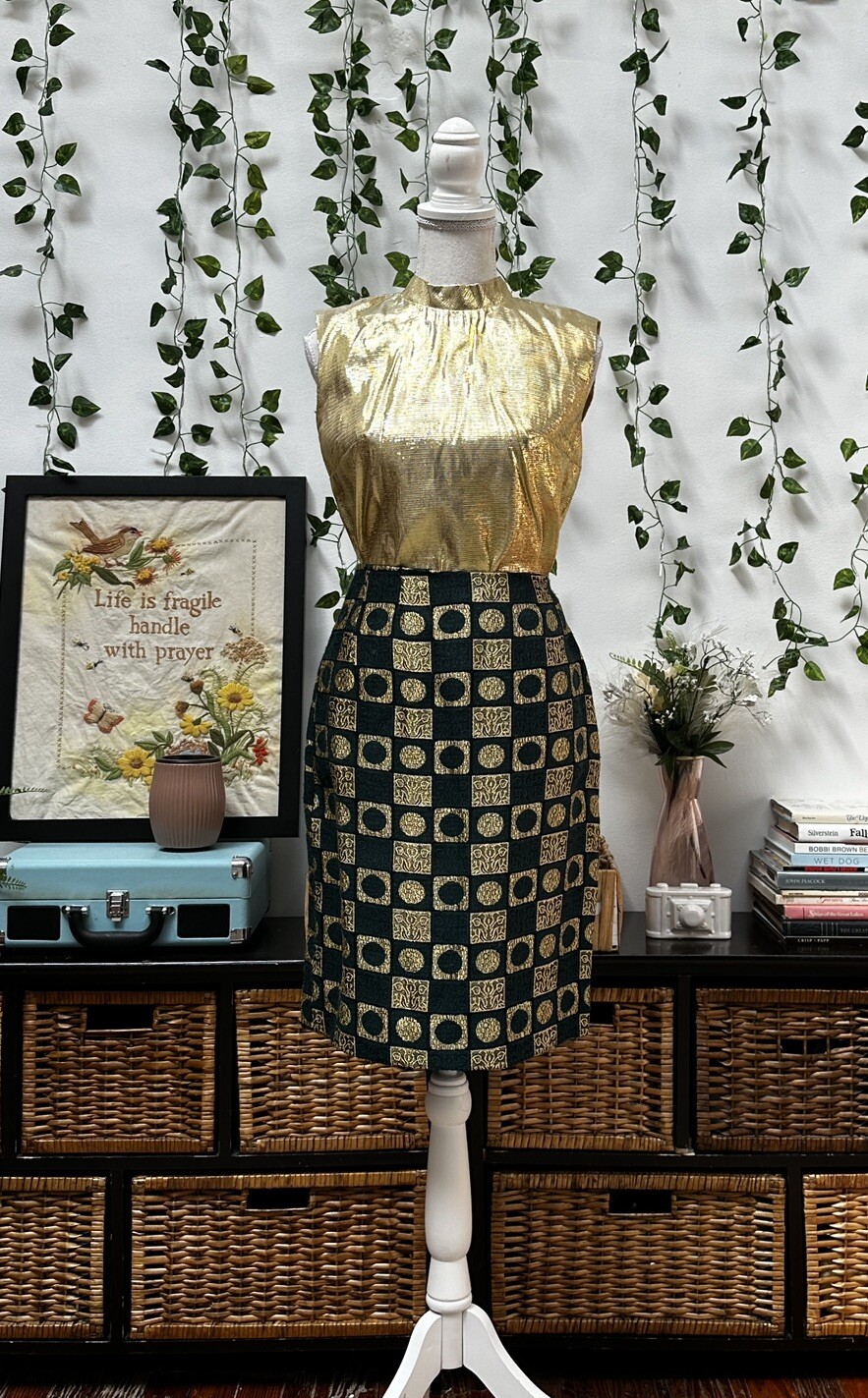 Vintage 60s Mini Dress Skirt Set Green Gold Lame Metallic Mod GoGo 2 pc XS