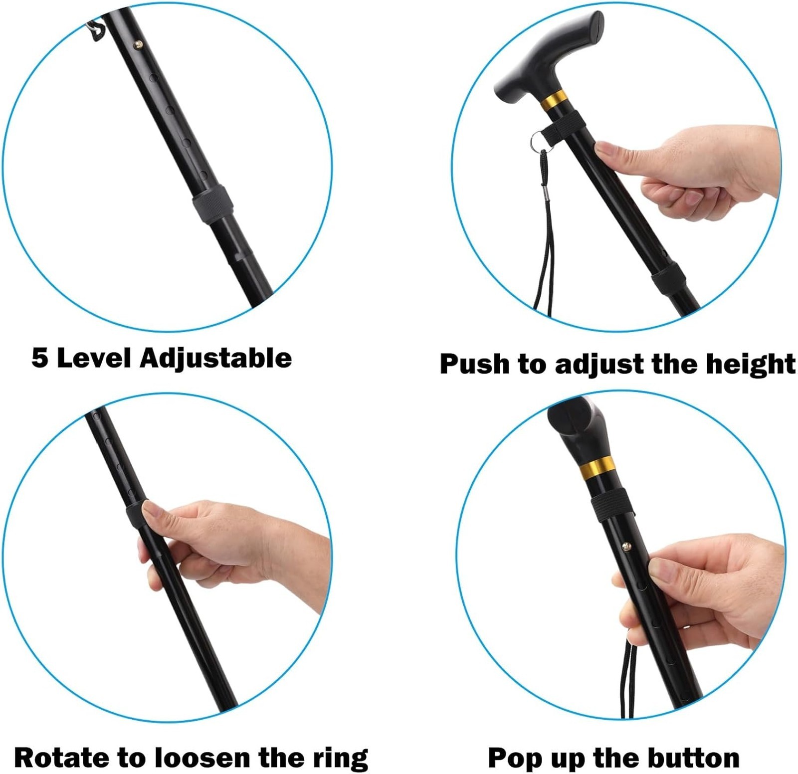 Lightweight Aluminum Folding Walking Cane Adjustable Travel Collapsible Hiking