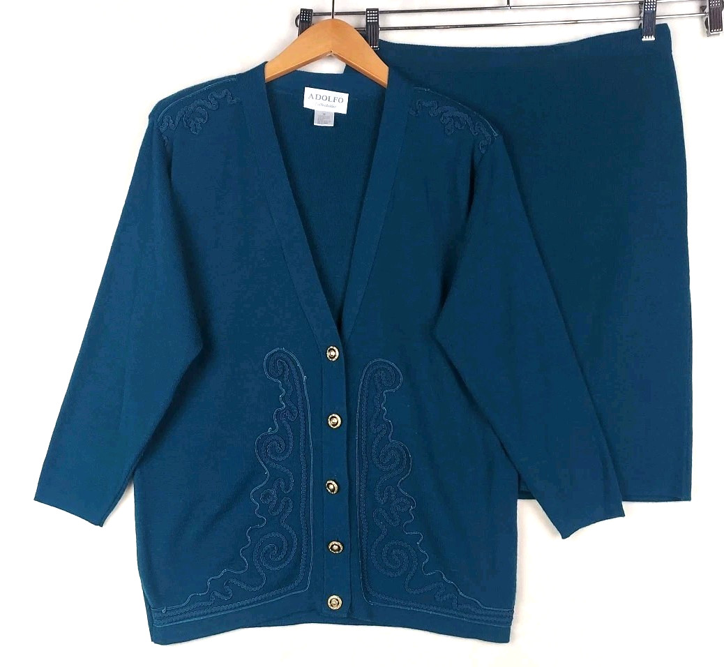 VTG 80/90s Skirt 2 PC Adolfo Medium Teal Lambswool Blend Cardigan Sweater/Skirt