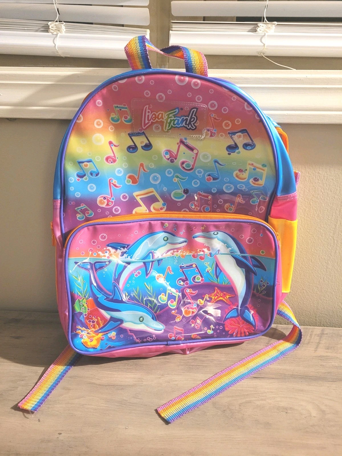 VTG Lisa Frank Backpack Plastic PVC See Thru 90’s Dolphin Music Notes Rainbow