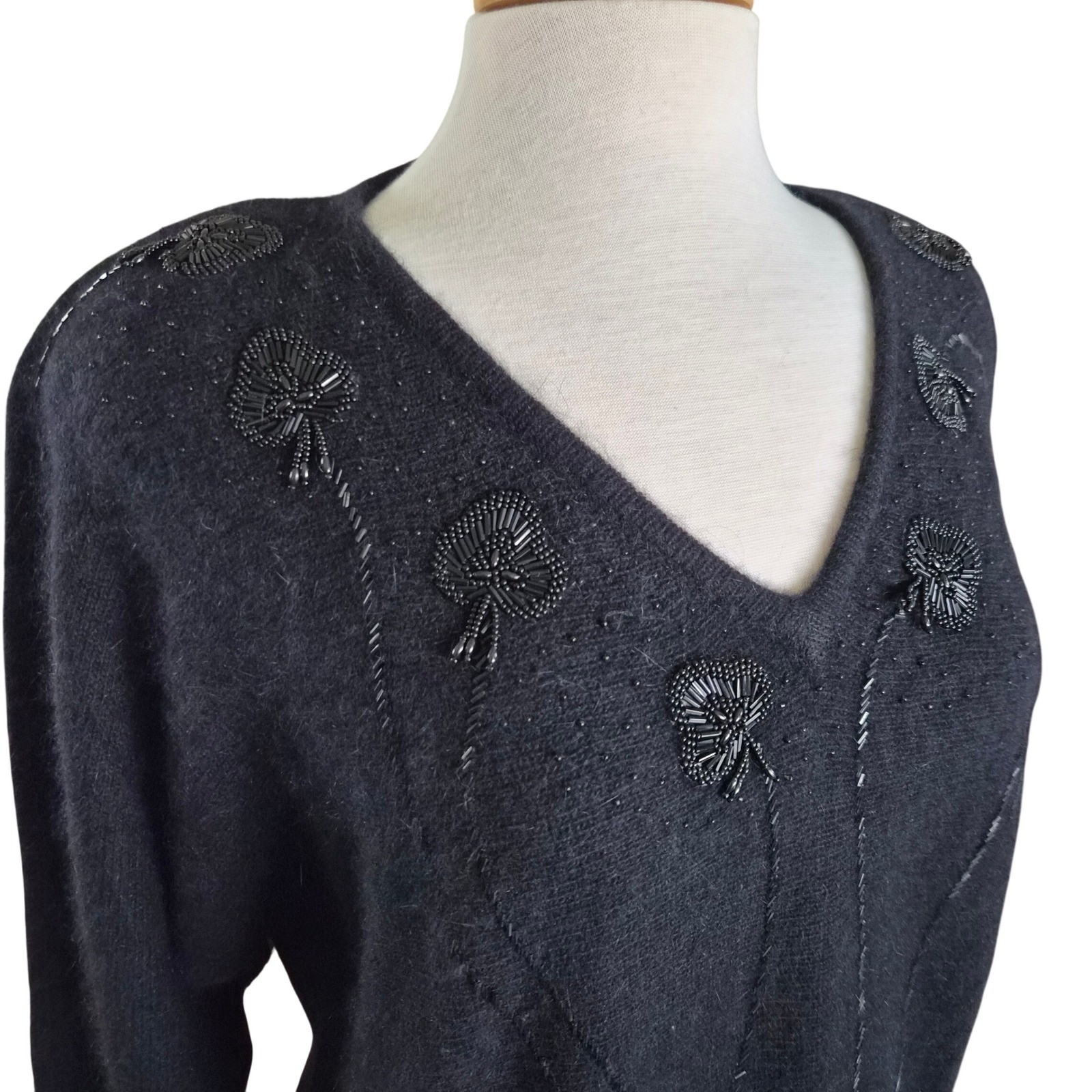Vintage Saks Fifth Avenue Black Angora Lambswool Beaded V-Neck Sweater Large