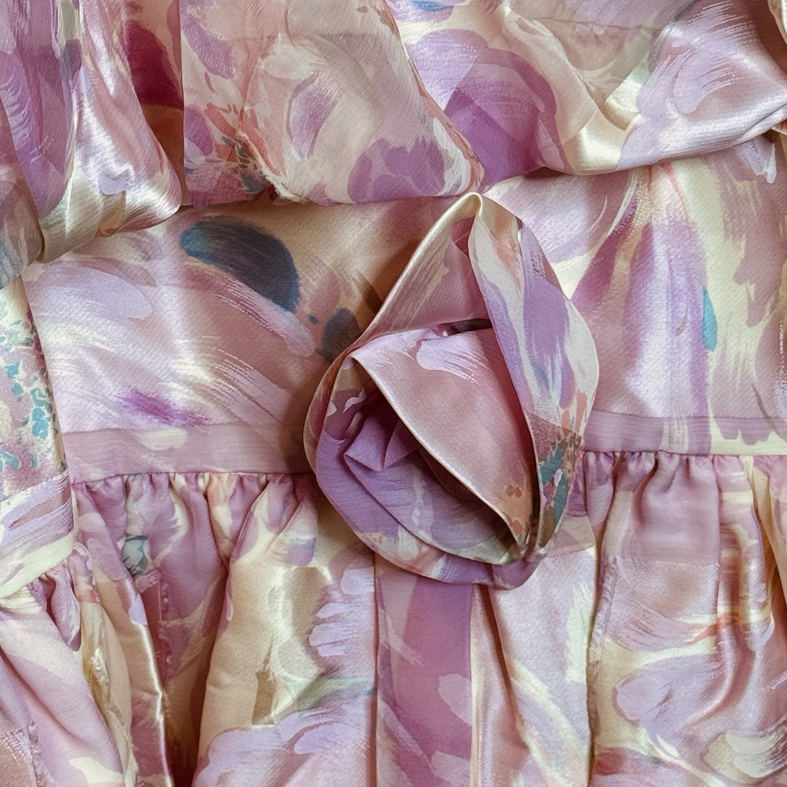 Vintage 80s Pastel Drop Waist 20s Pink Floral Blouson Dress Silky L/XL 40X38X46