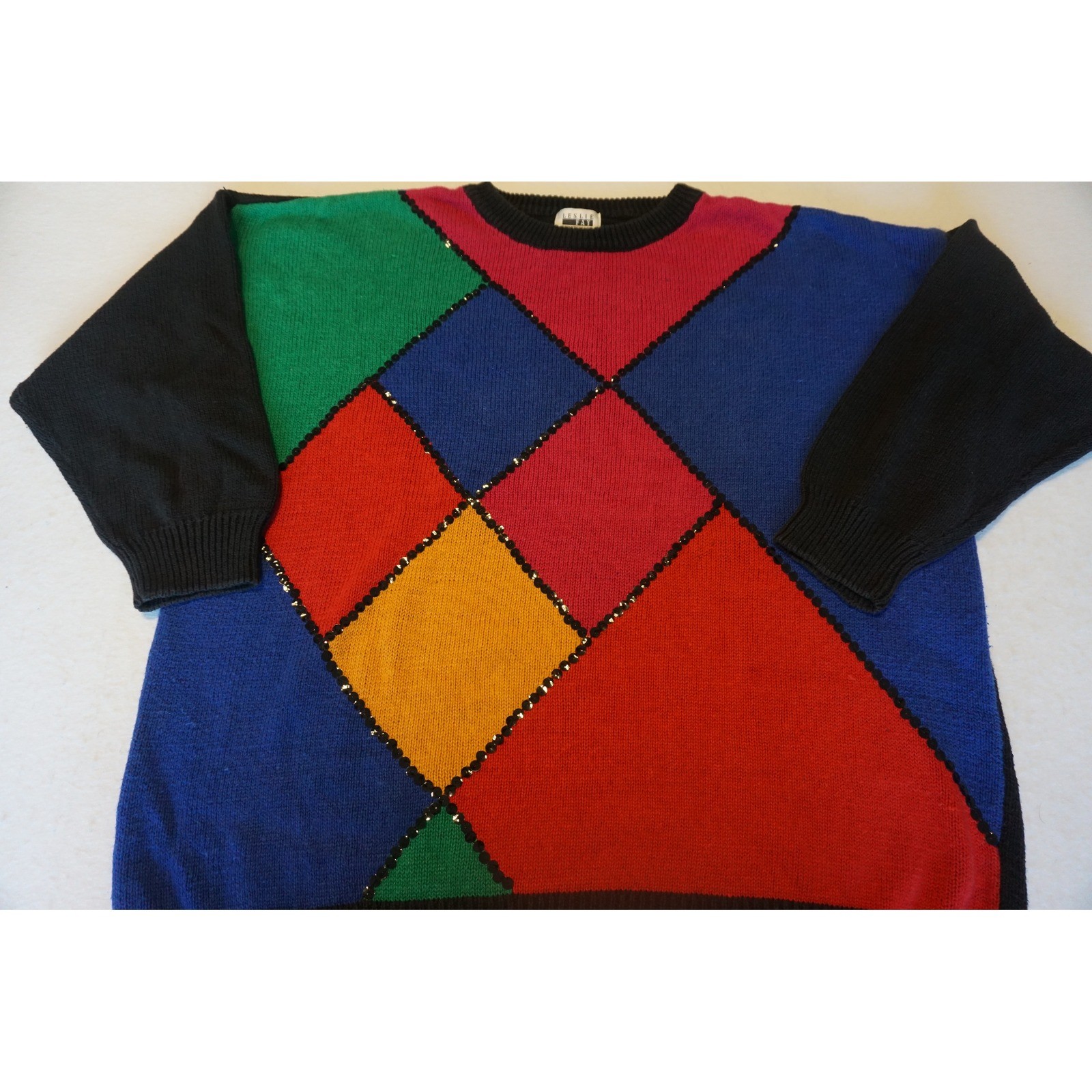 Vintage Leslie Fay Sportswear Colorblock Sequin Diamond Knit Sweater XL Multi