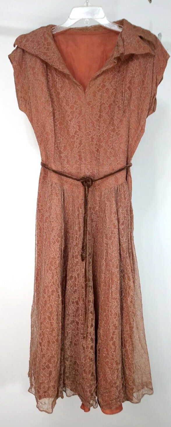 Vintage Lace Tea Dress XS S Small Cap Sleeves Velvet Belt Party 1940s WWII Era