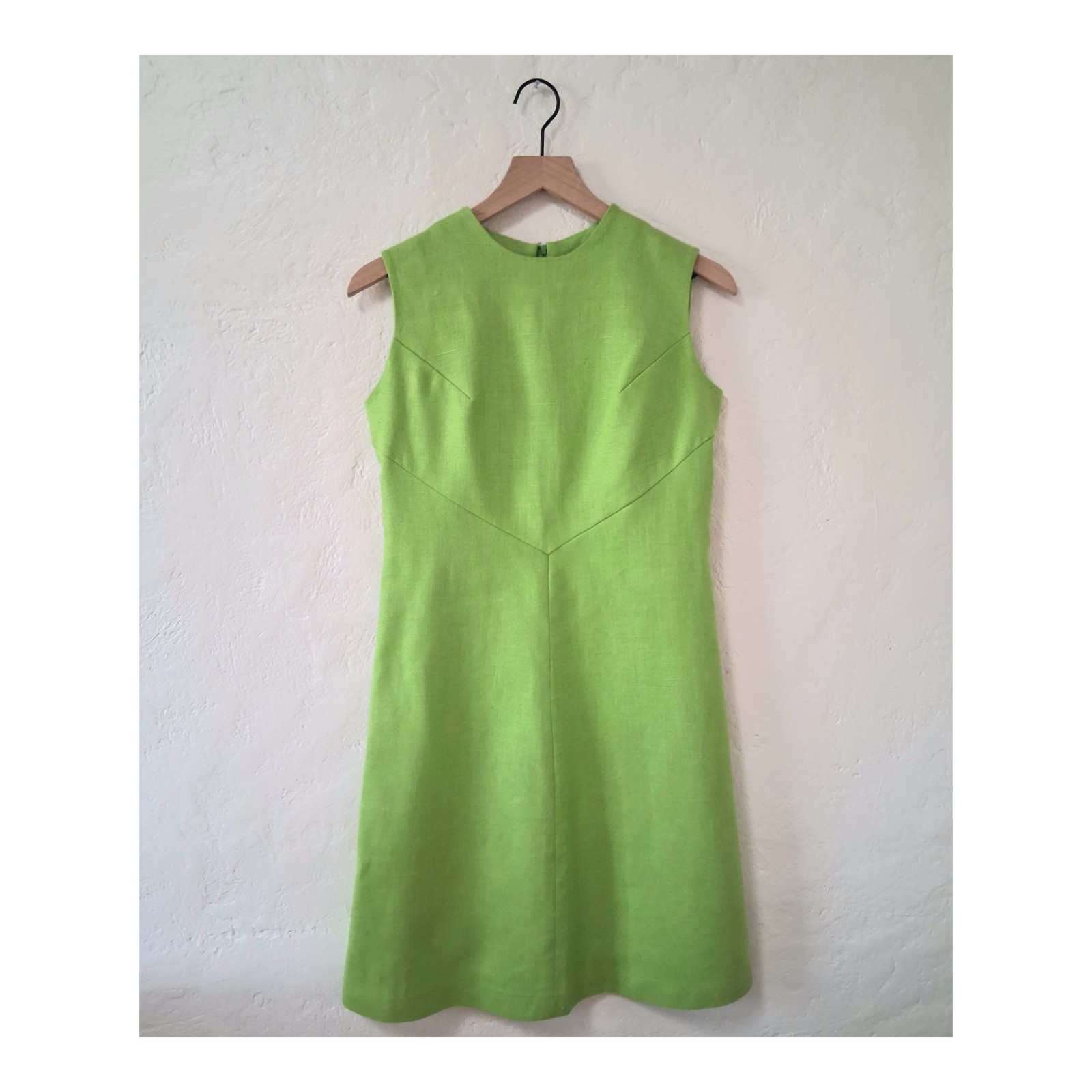 VTG 1960s Mod Shift Dress Lime Green Cotton Sleeveless Chevron Seam Midi M