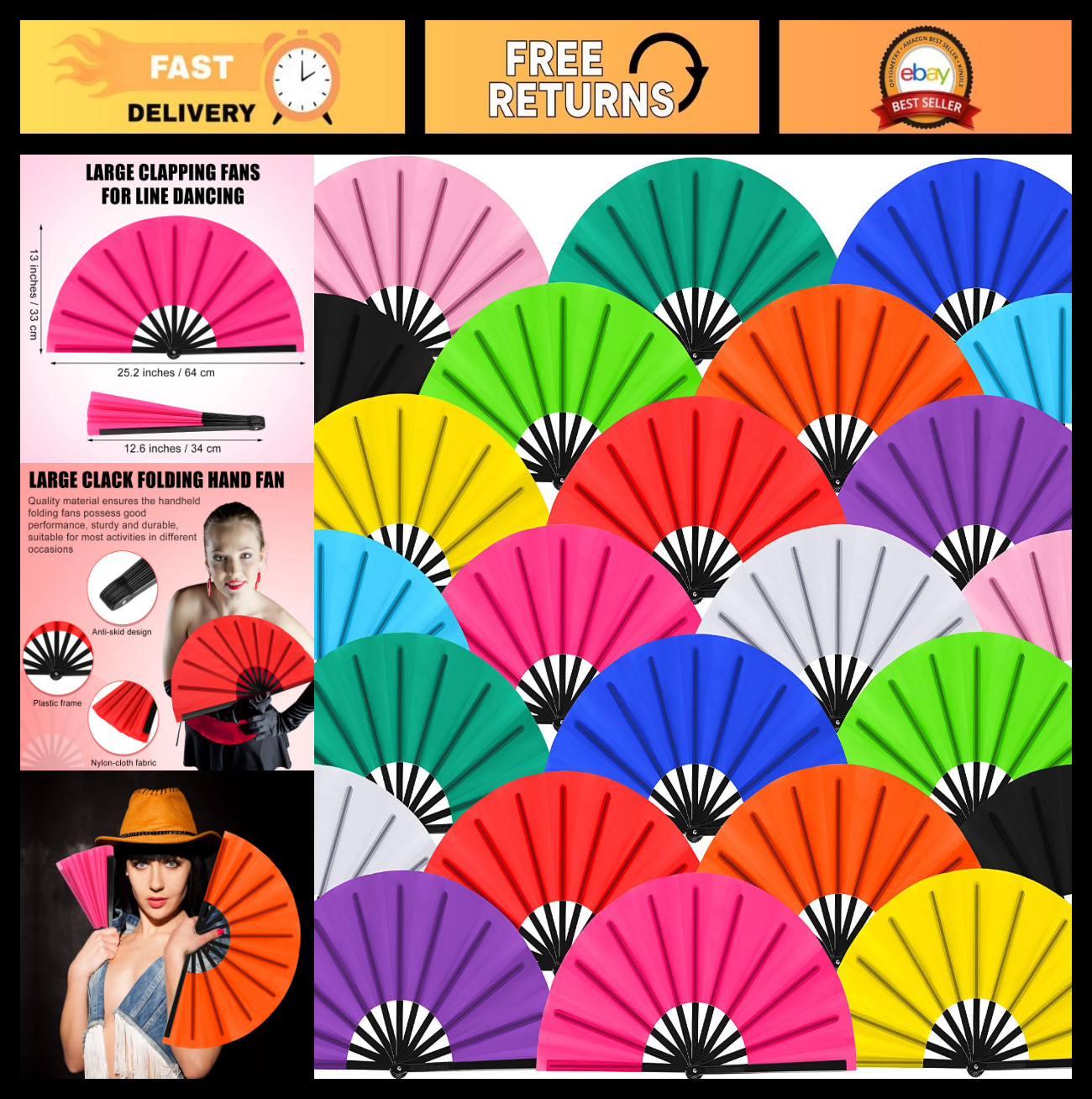 Large Folding Dance Fans 13″ for Line Dancing & Rave – 24 Classic Color Clack Fa