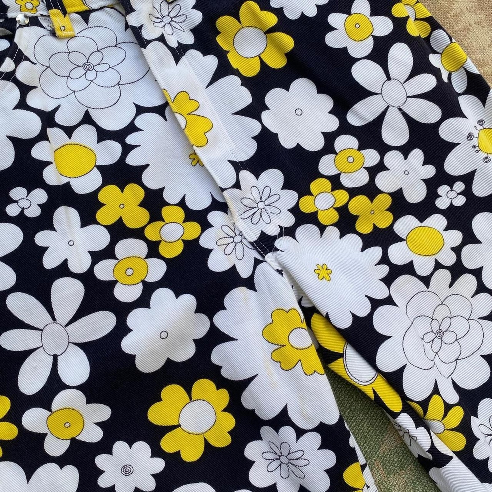 1960s/70s cotton floral printed high waisted kick flare bootcut denim pants