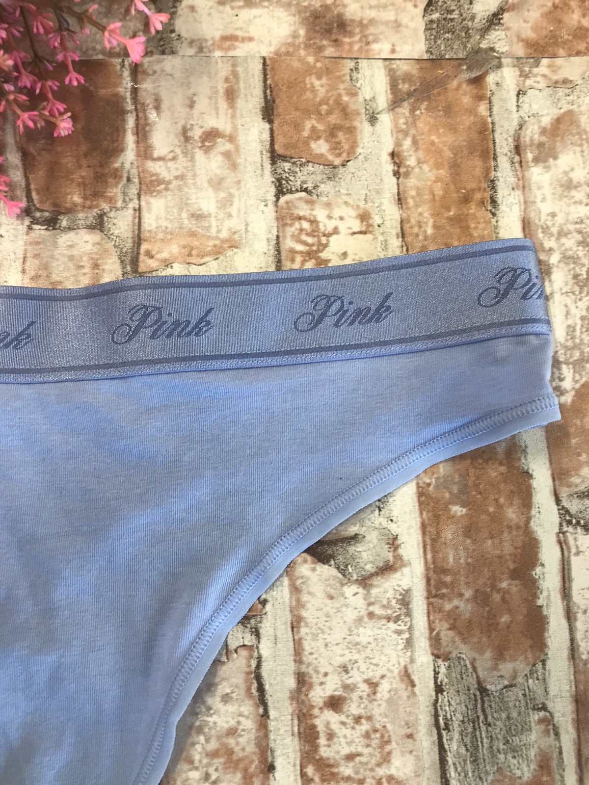 NEW PINK BY VICTORIA’S SECRET LOGO LARGE COTTON SMOOTH SKY BLUE THONG PANTIES