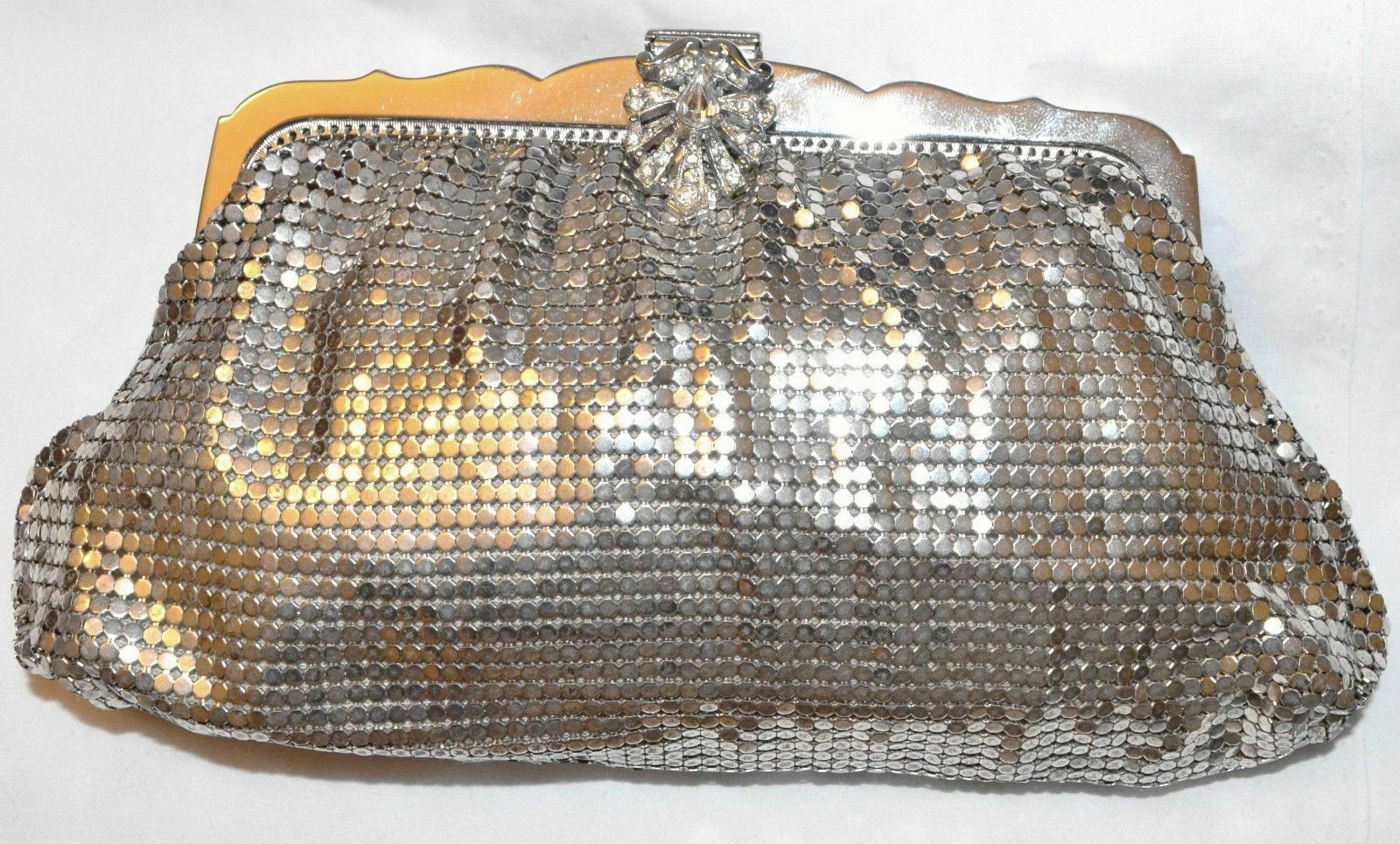 Vintage Whiting & Davis Art Deco Silver Mesh Clutch Evening Bag Rhinestone Clasp