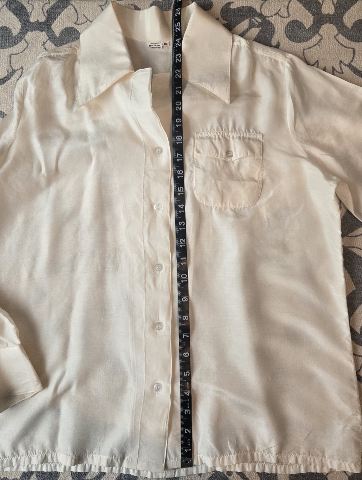 Vintage 100% Silk Blouse Sz 16 White Button Up W/ Pocket Made In The Philippines