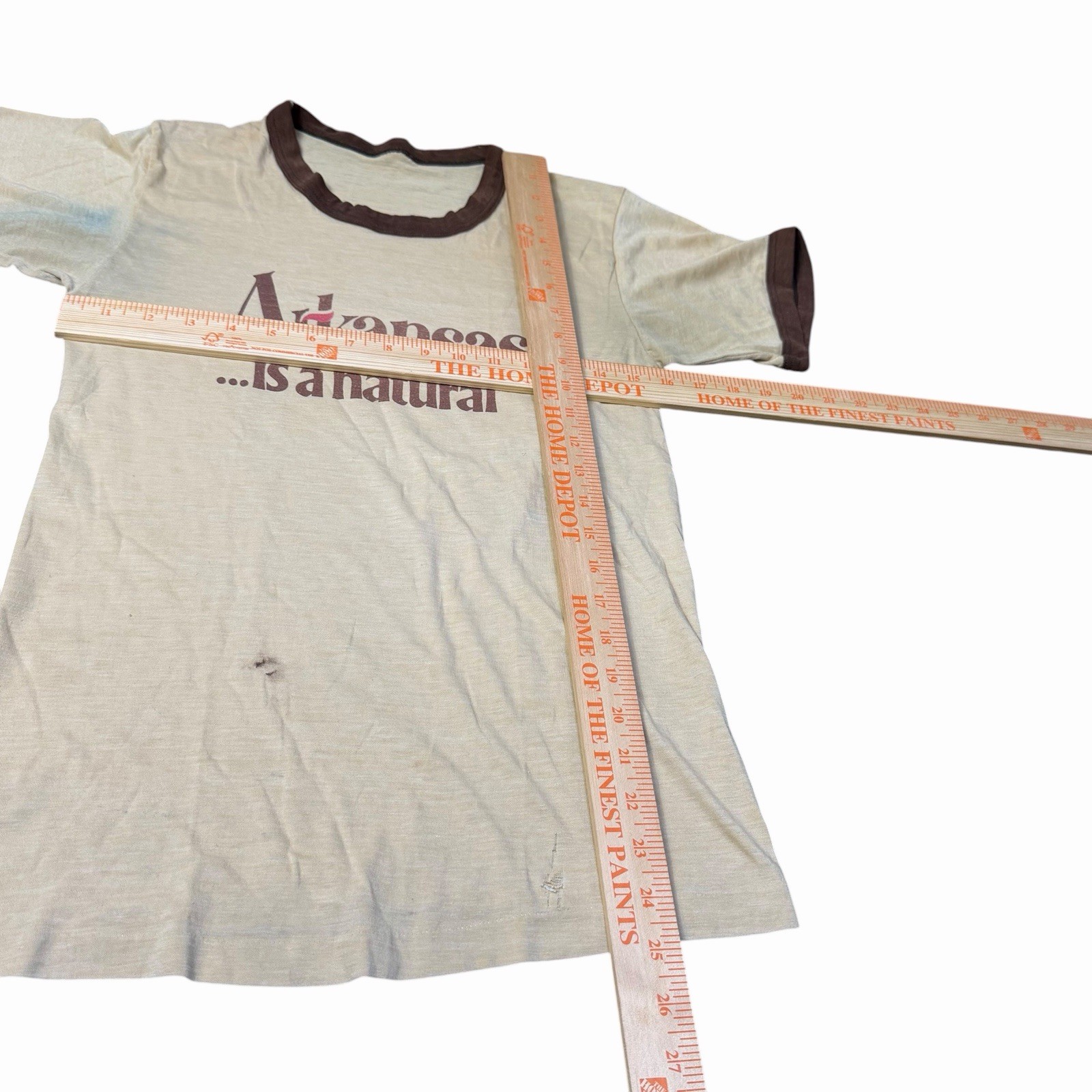 VINTAGE 70s 80s RINGER T-SHIRT Size Small 16”x25” Arkansas Is A Natural Tee