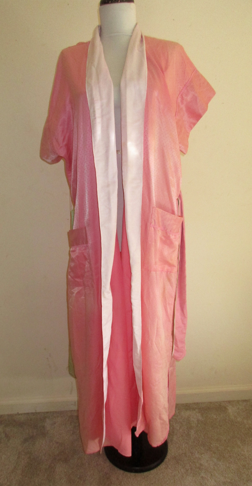 Vintage 80’s Fernando Sanchez Pink White Long Cotton Nylon Belted Robe USA M/L