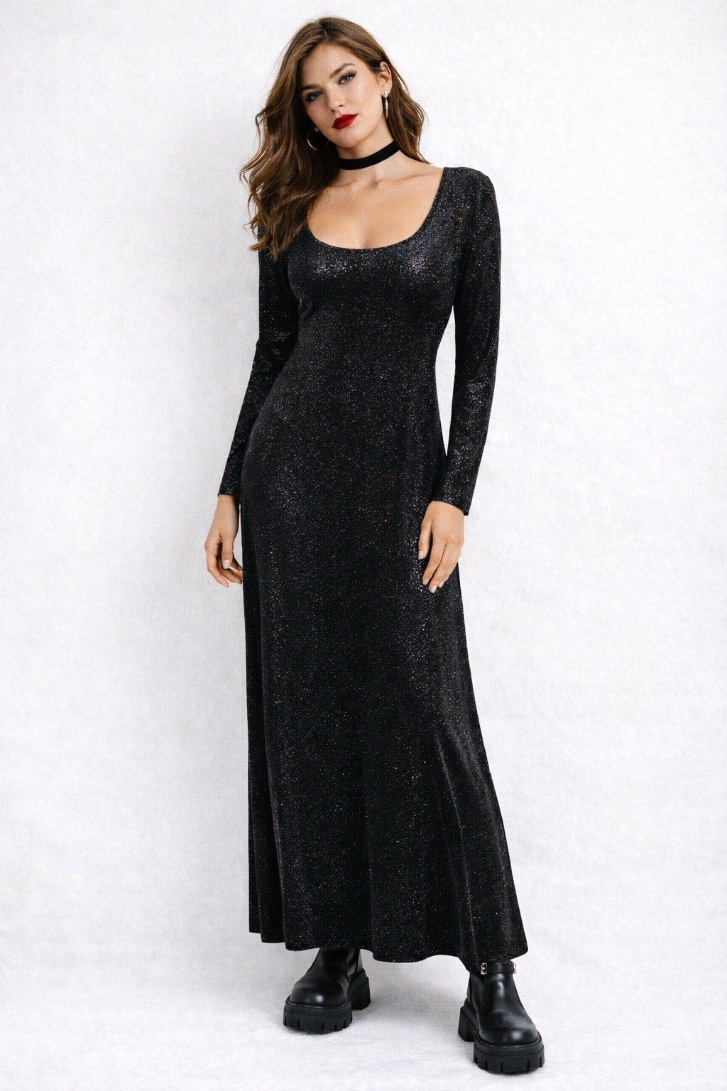 CACHE maxi dress black metallic sparkle S M party cocktail retro vintage 90s