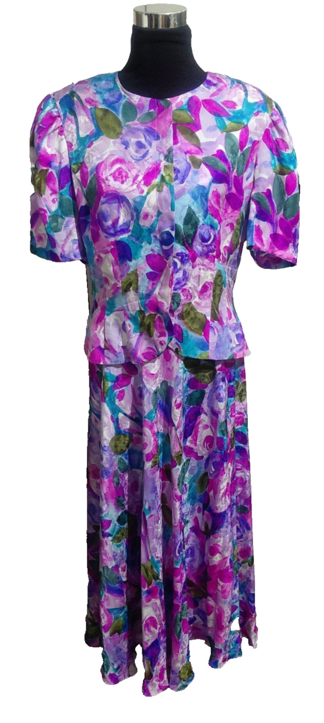 Adrianna Papell 2 PC 100% Silk Jacket & Long Skirt Pink Blue White Floral SZ 14