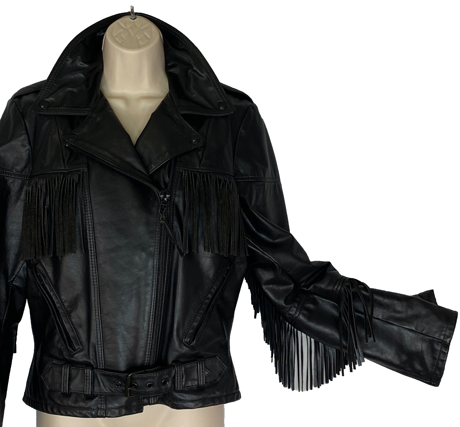 Vintage black leather fringe jacket women’s S M moto rocker biker TAURUS