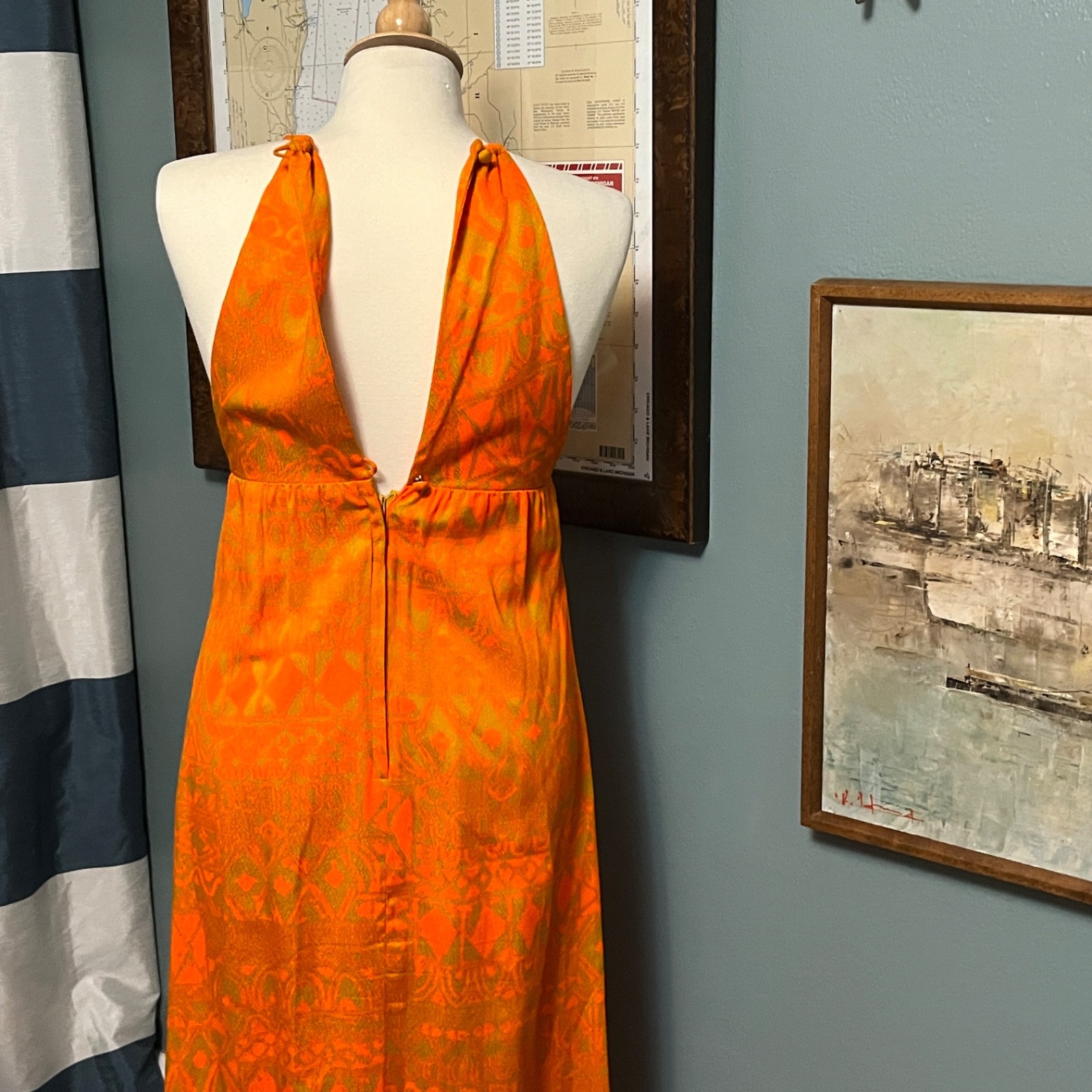 Vintage Dress Fumi Waikiki Maxi Midi Barkcloth Hawaiian 4 6 Long Lace-up Orange