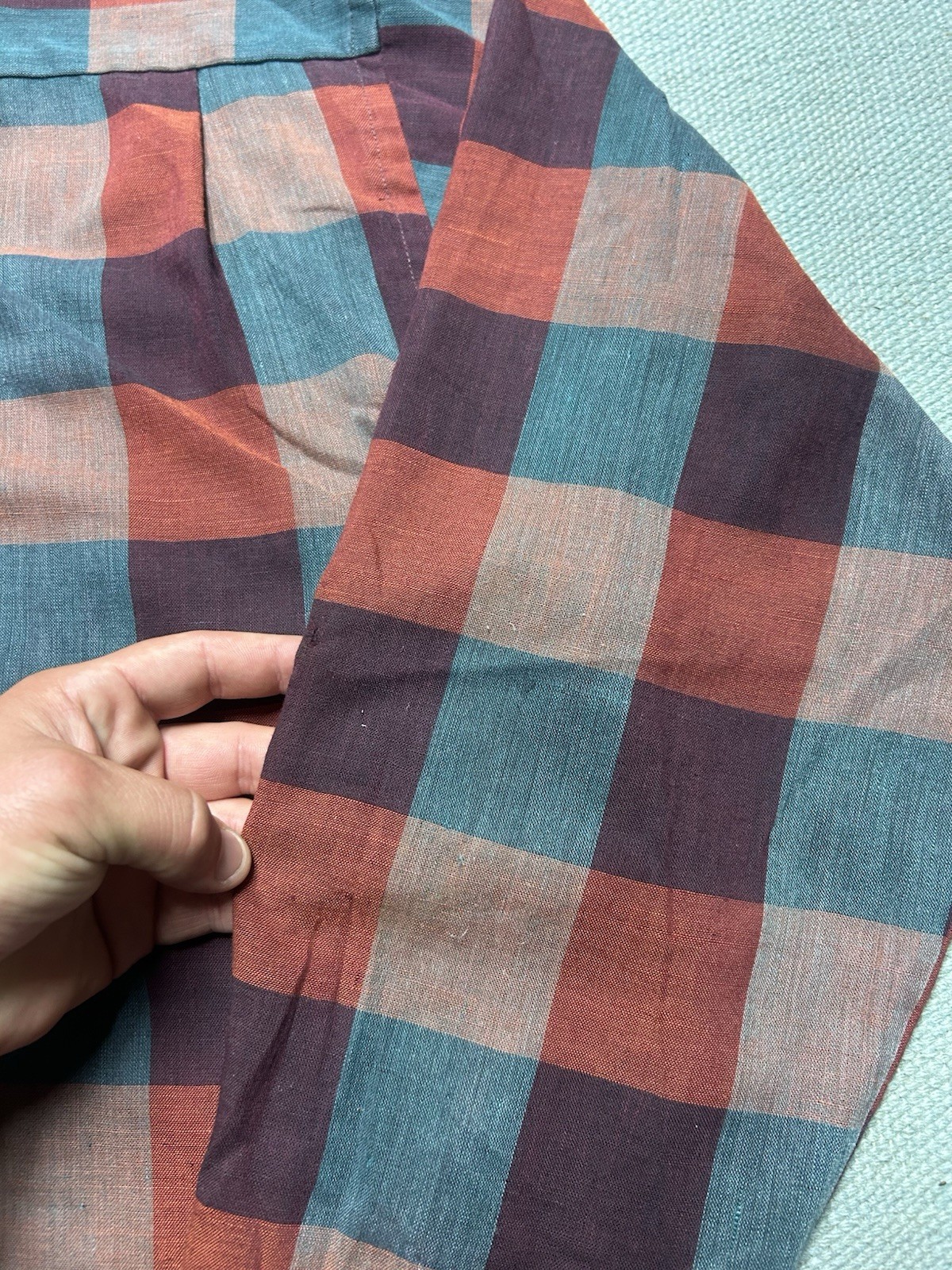 Vintage 60s long sleeve button shirt loop collar plaid poly cotton distressed XL