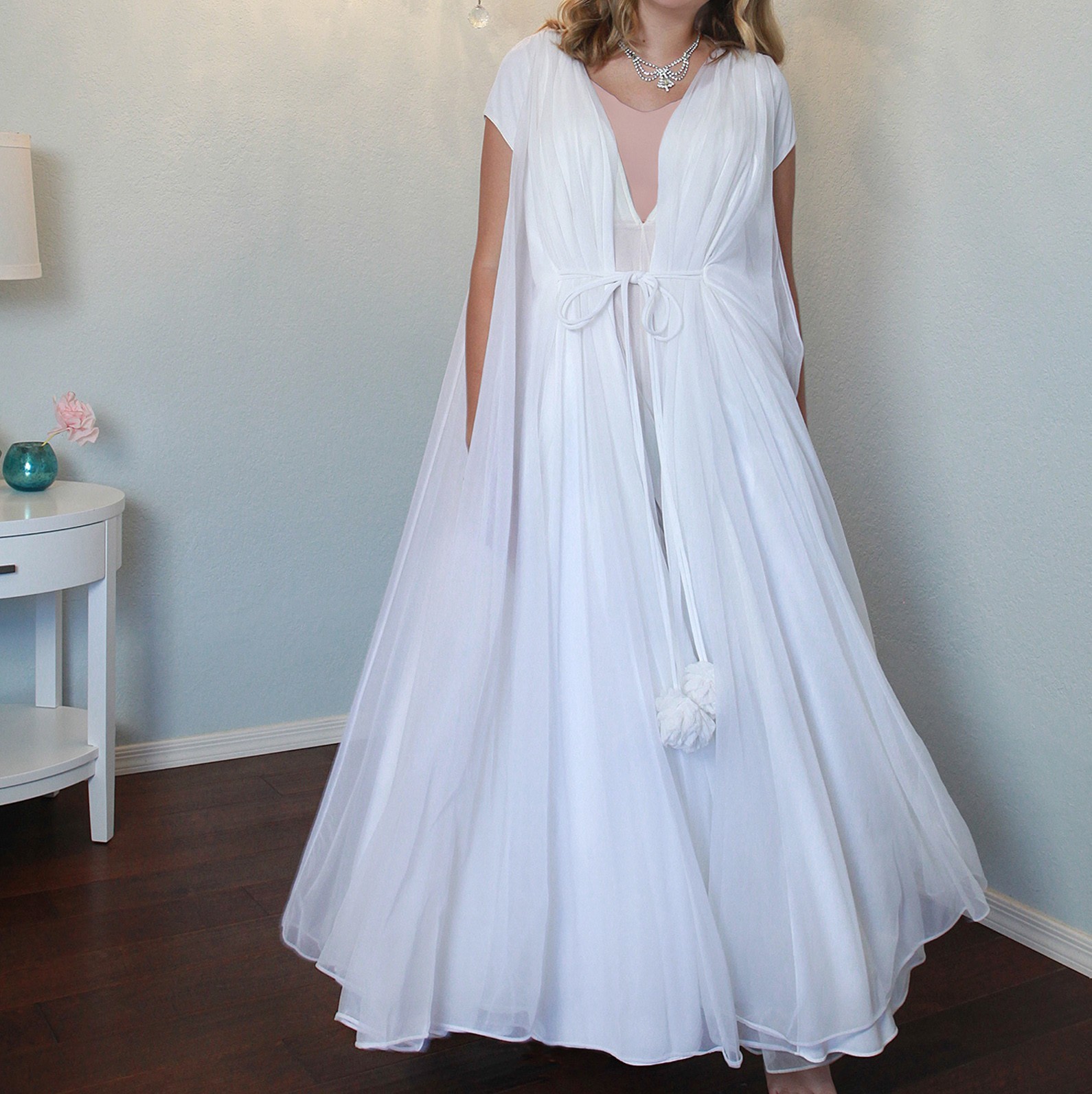 60s Lucie Ann Peignoir Set Claire Sandra White Pom Pom Robe Nightgown Bride S-M