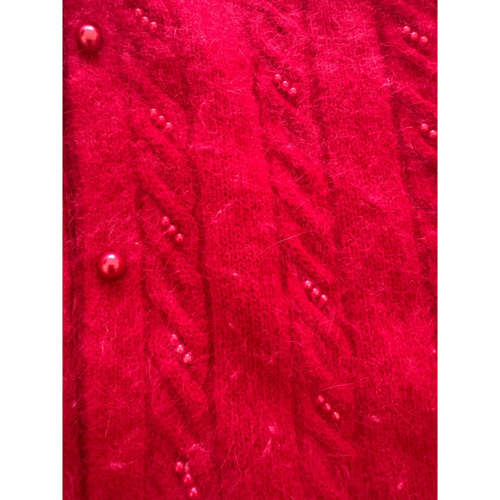Vintage Red Angora Lambswool Blend Beaded Cardigan Sweater Fuzzy Coquette Large