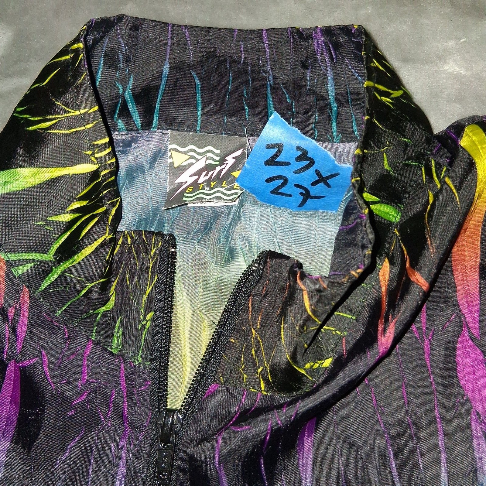Vintage 90s Surf Style Pullover Jacket Men’s XL Black Rainbow Iridescent Retro