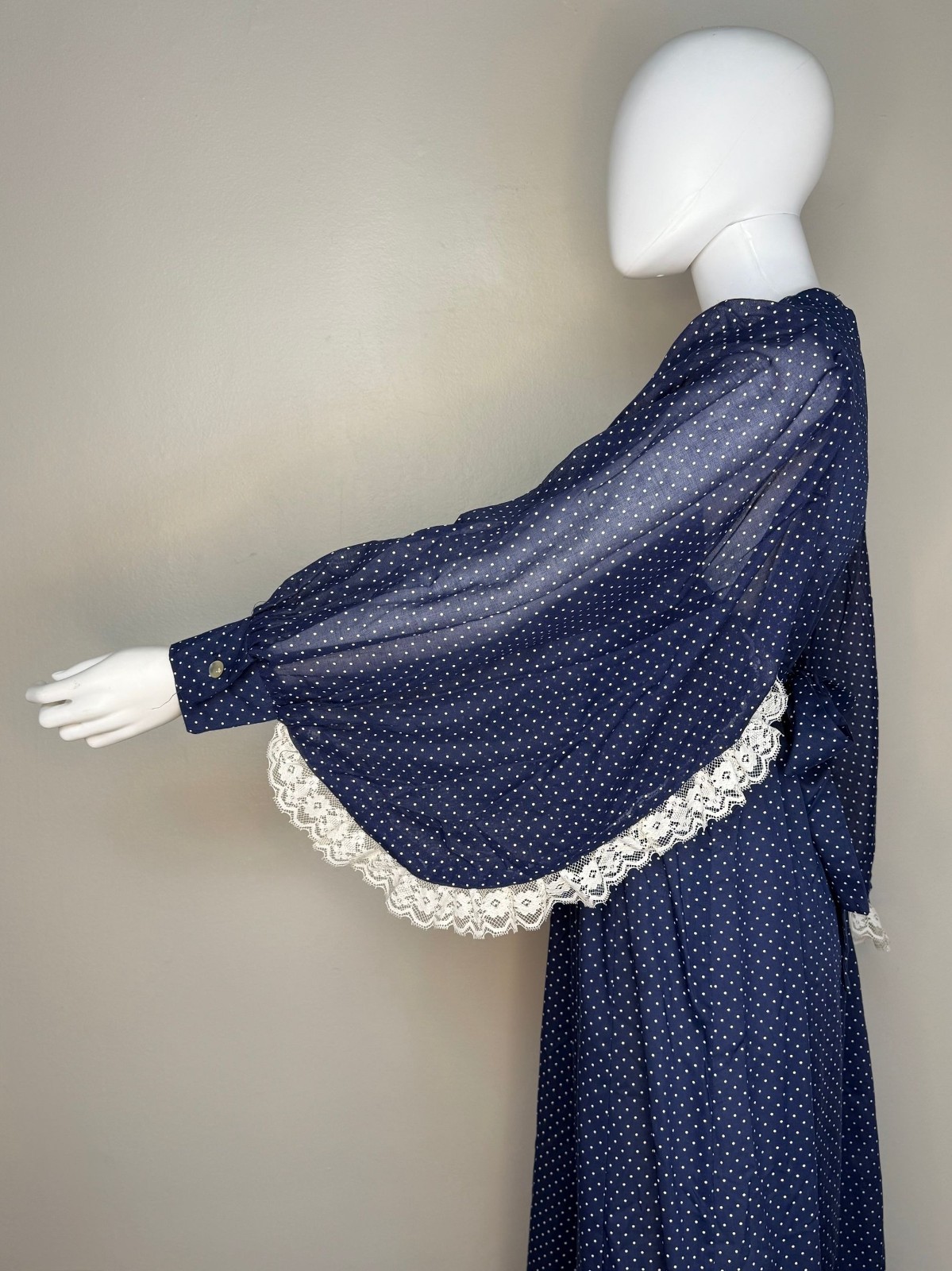 Vintage 1970s Navy Blue Polka Dot Maxi Dress 70s Huge Bishop Sleeves Lace Trim