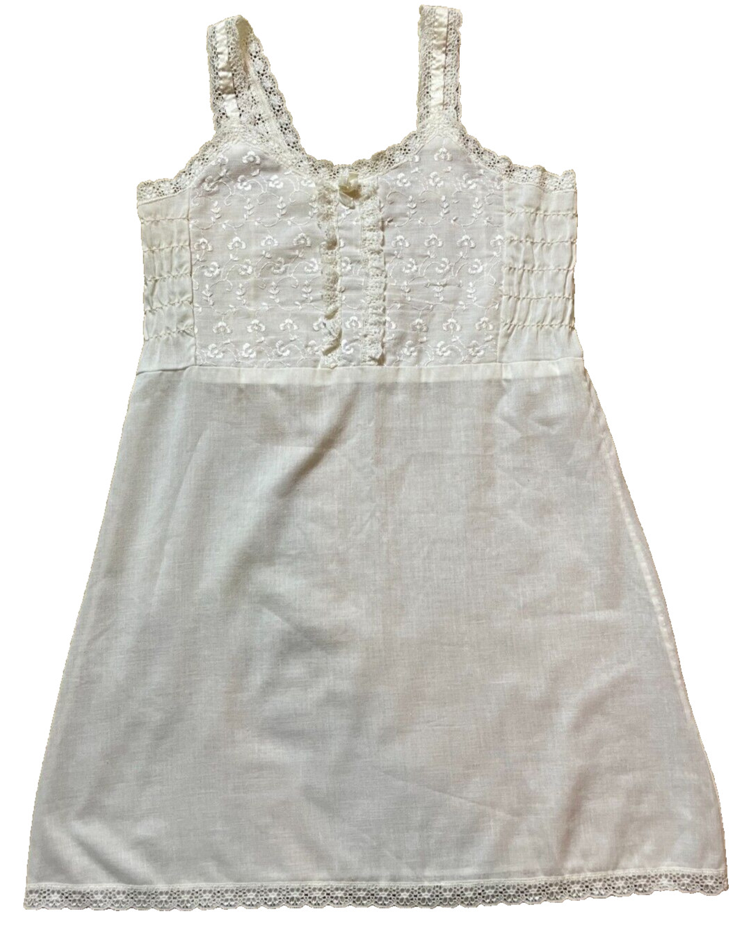 Vintage 1970s 1980s STONE White USA Slip Girls Eyelet Dress Nightgown Ruffled 8