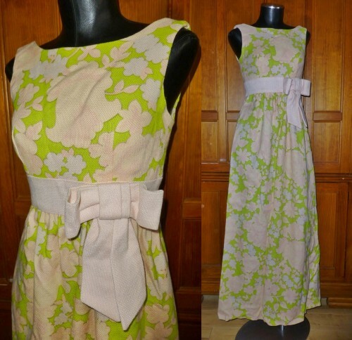 VTG 60s MONTALDO’S Woven Floral Print Bow Wedding Party Maxi DRESS UNWORN