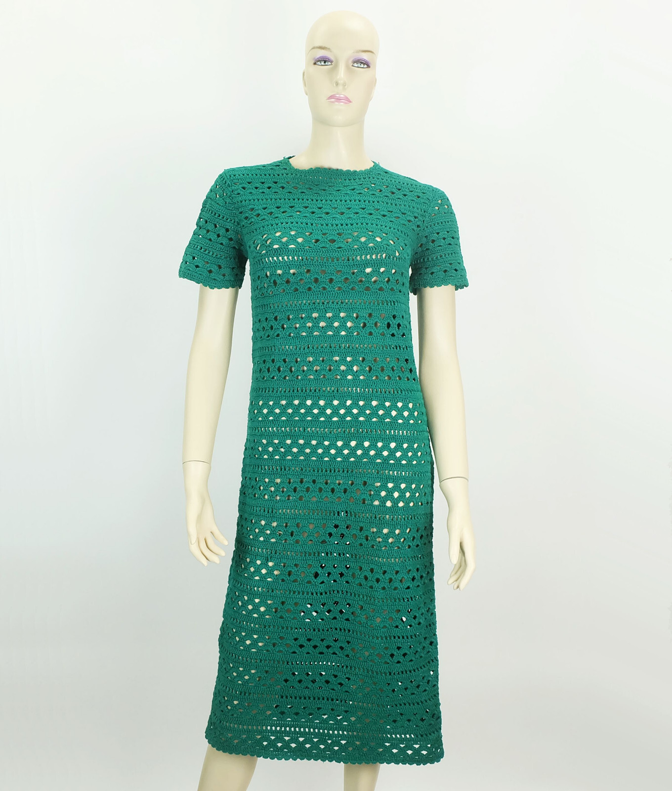 Original 1960s True Vintage Green Crochet Dress Hand Crochet Size M Cotton