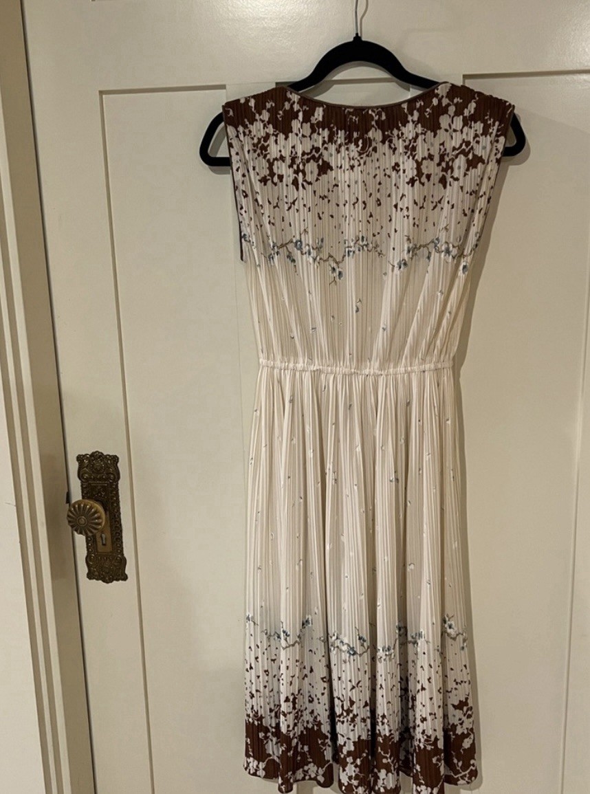 Vintage Hal Ferman Elegant Cream Brown Floral Dress Union Made SZ 8 Fits a Small