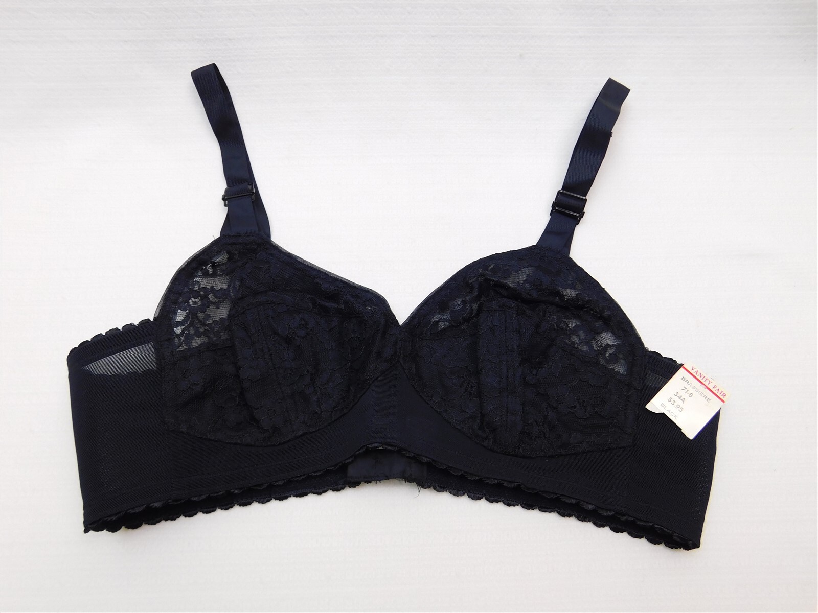 Vintage VANITY FAIR Black Nylon Lace Bra Size 34A Style 71-8 NOS