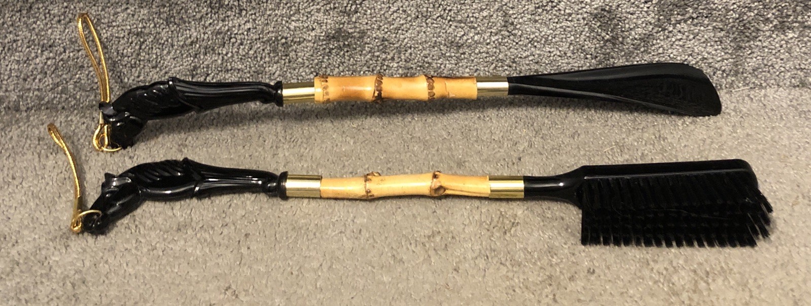 Vintage Bamboo Horse Head Shoe Horn and Brush 15” Set Japan Black Stallion RARE