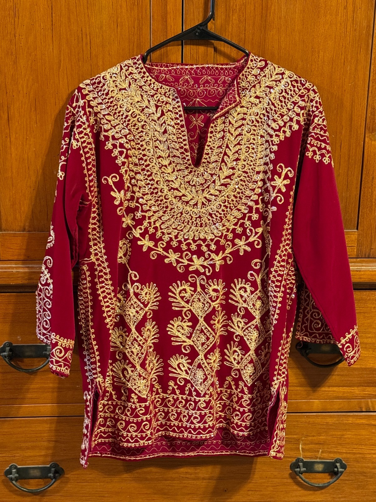 Vintage Dark Red Velvet Tunic Gold Metallic Thread Embroidery Kurta Boho Top