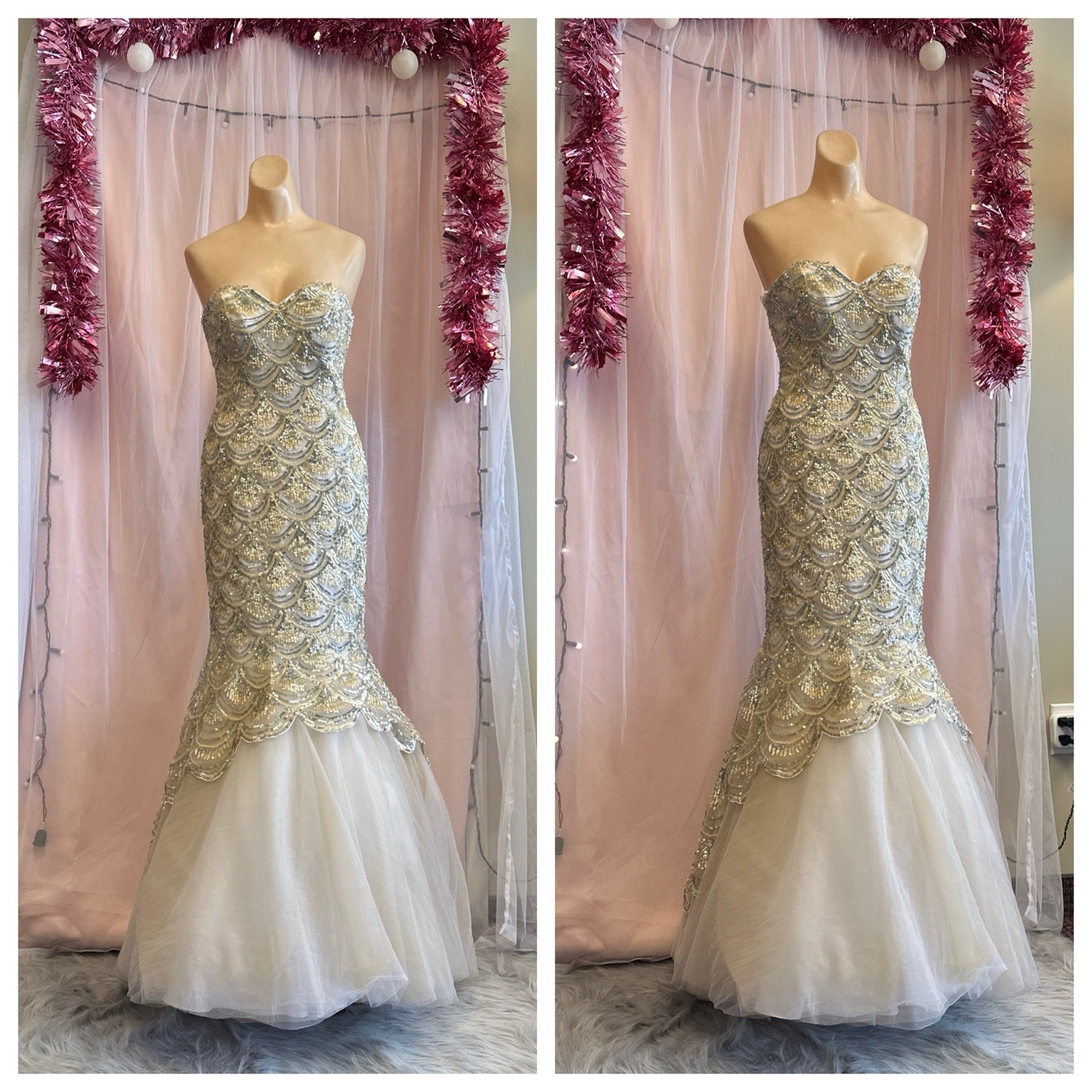 Vintage Y2K 2000s Prom Dress Mermaid Sequins Strapless Fairy Ombre Formal S