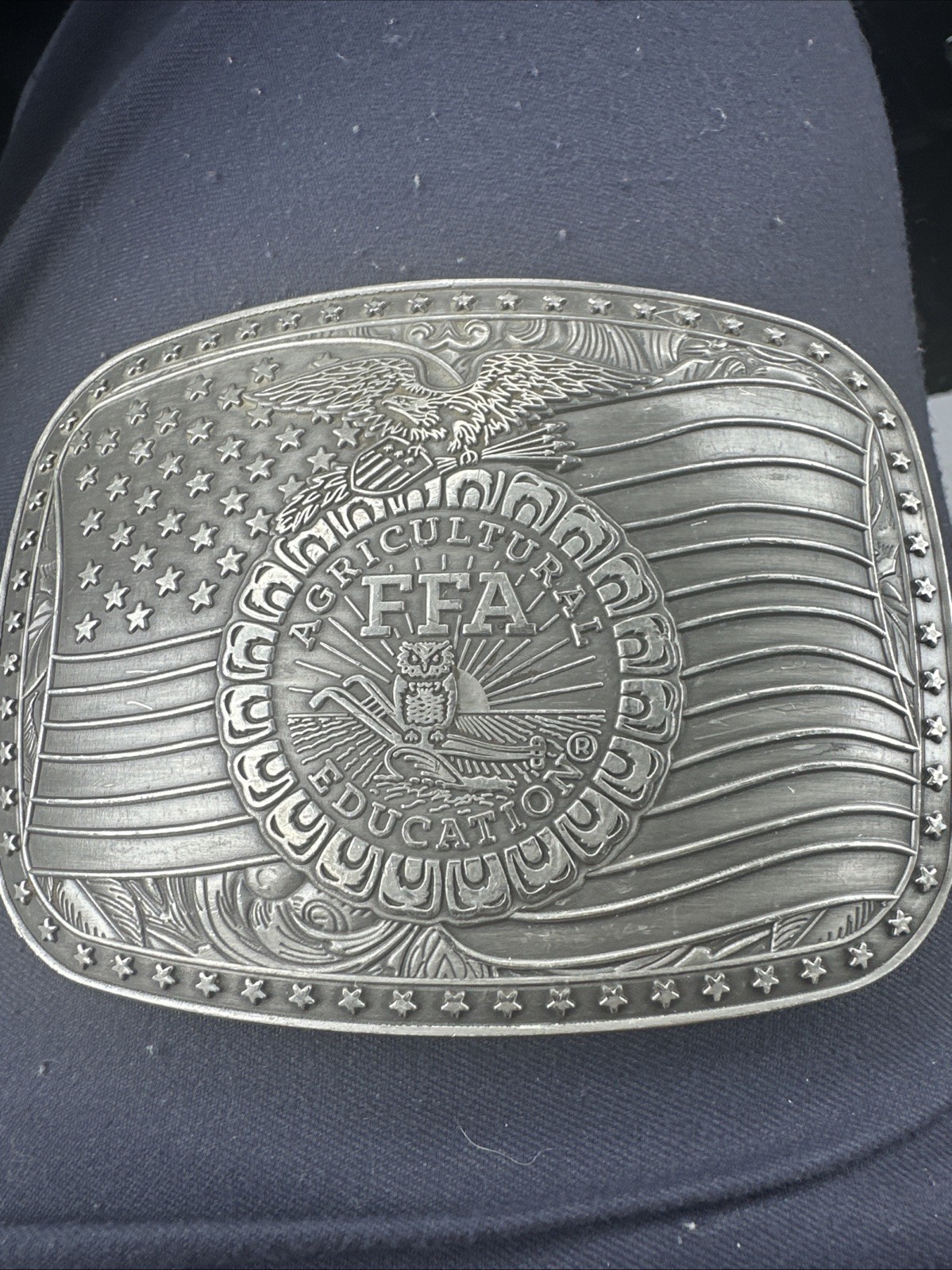 Vintage FFA Agricultural Education Belt Buckle American Flag Pewter Owl Eagle