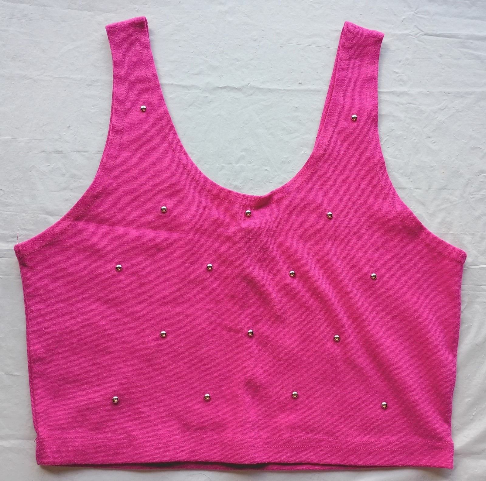 80s 90s Y2K Rave Hot Fuschia Pink Studded Stretch Crop Top Vintage Size L
