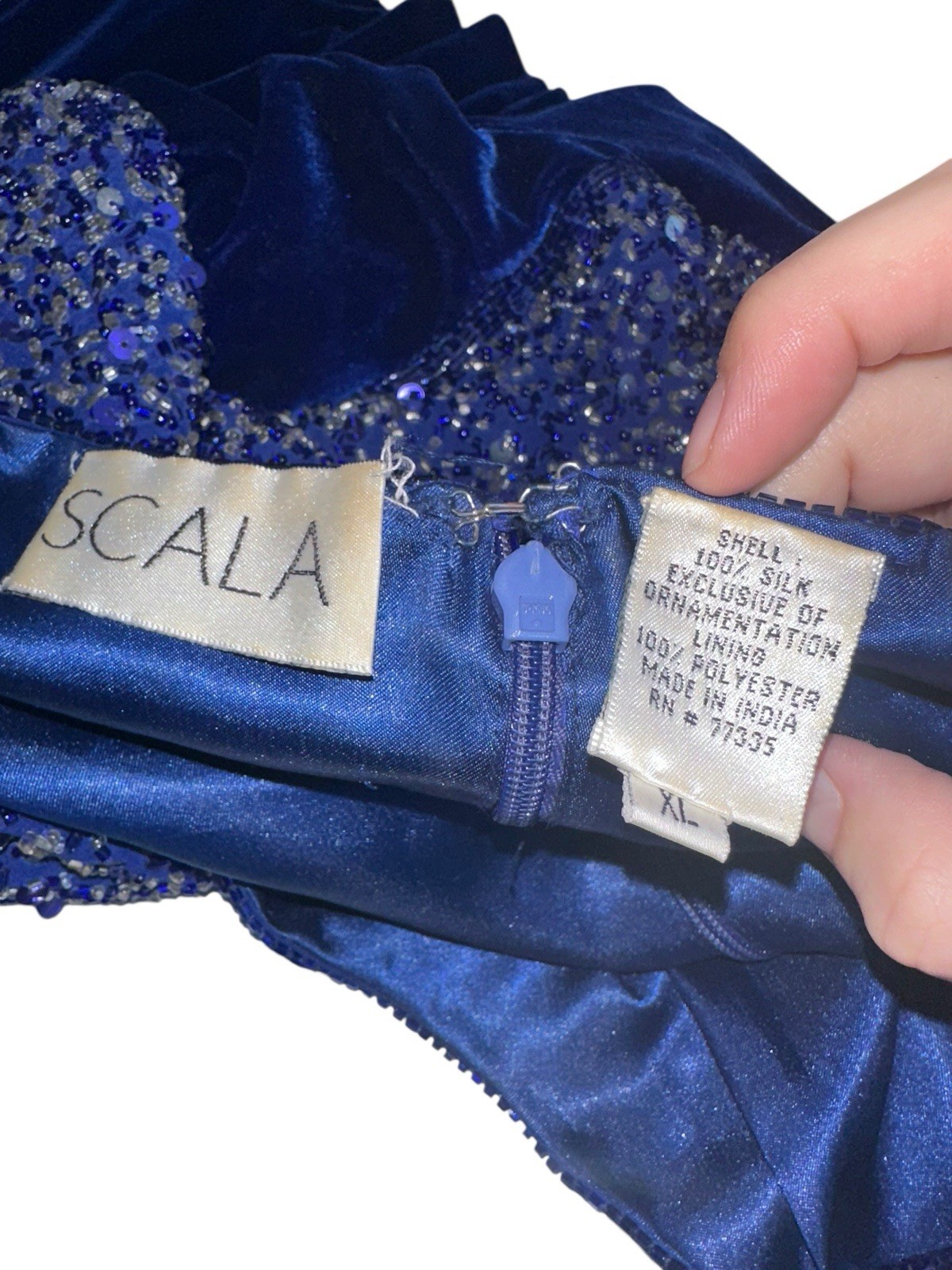 VTG 90s Scala Silk Velvet Beaded Empire Gown Dress Sz XL Blue Long Cocktail