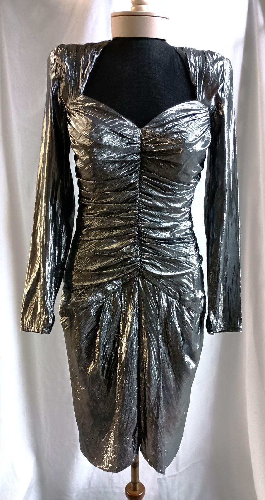 Vtg 80’s B. B. Collections Dressy Clubwear Silver Metallic Sexy Ruched Dress 6