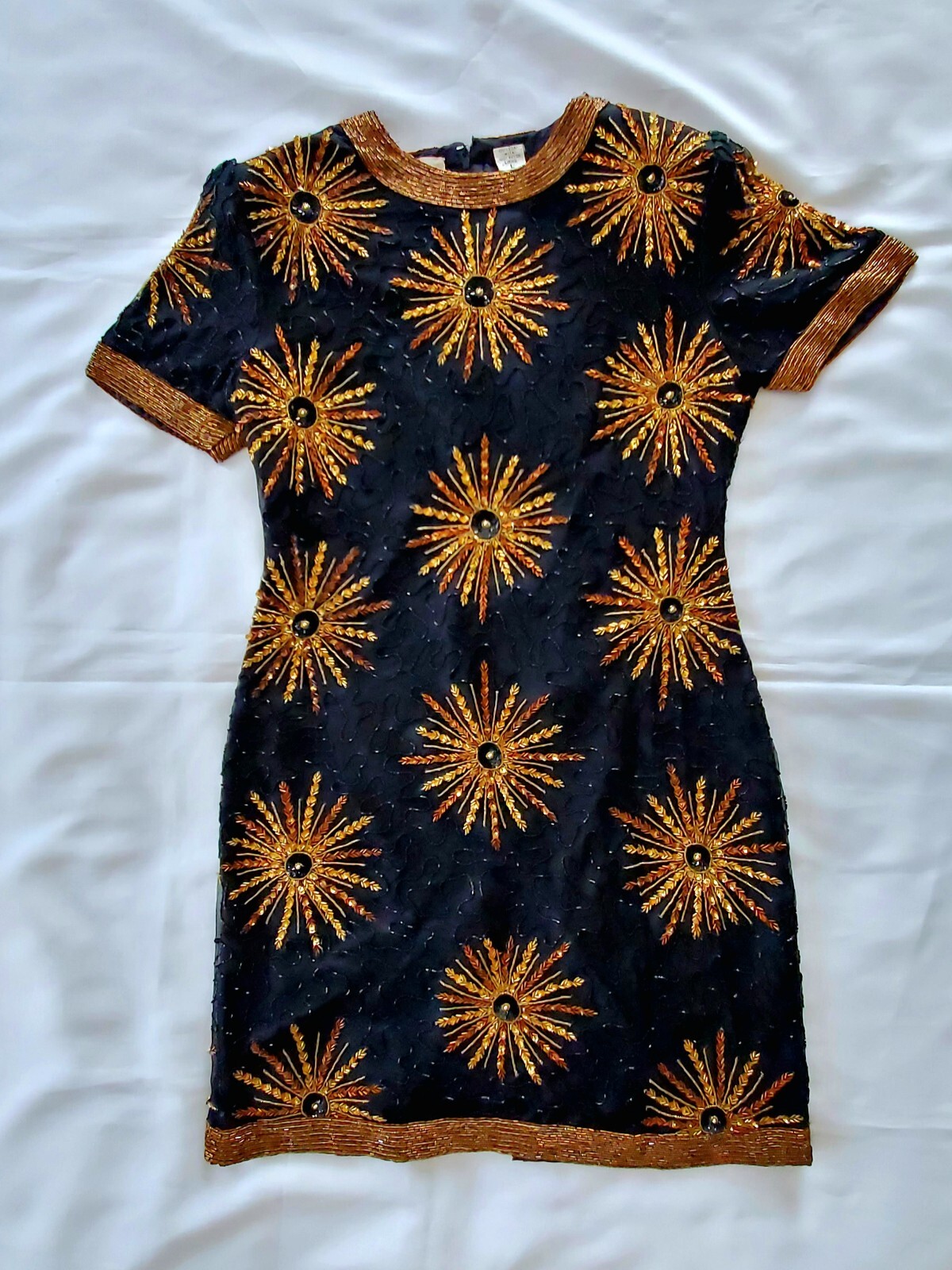 Vintage Formal Eveningwear Dress: Beaded Silk, Gold Starbursts On Black – Size L