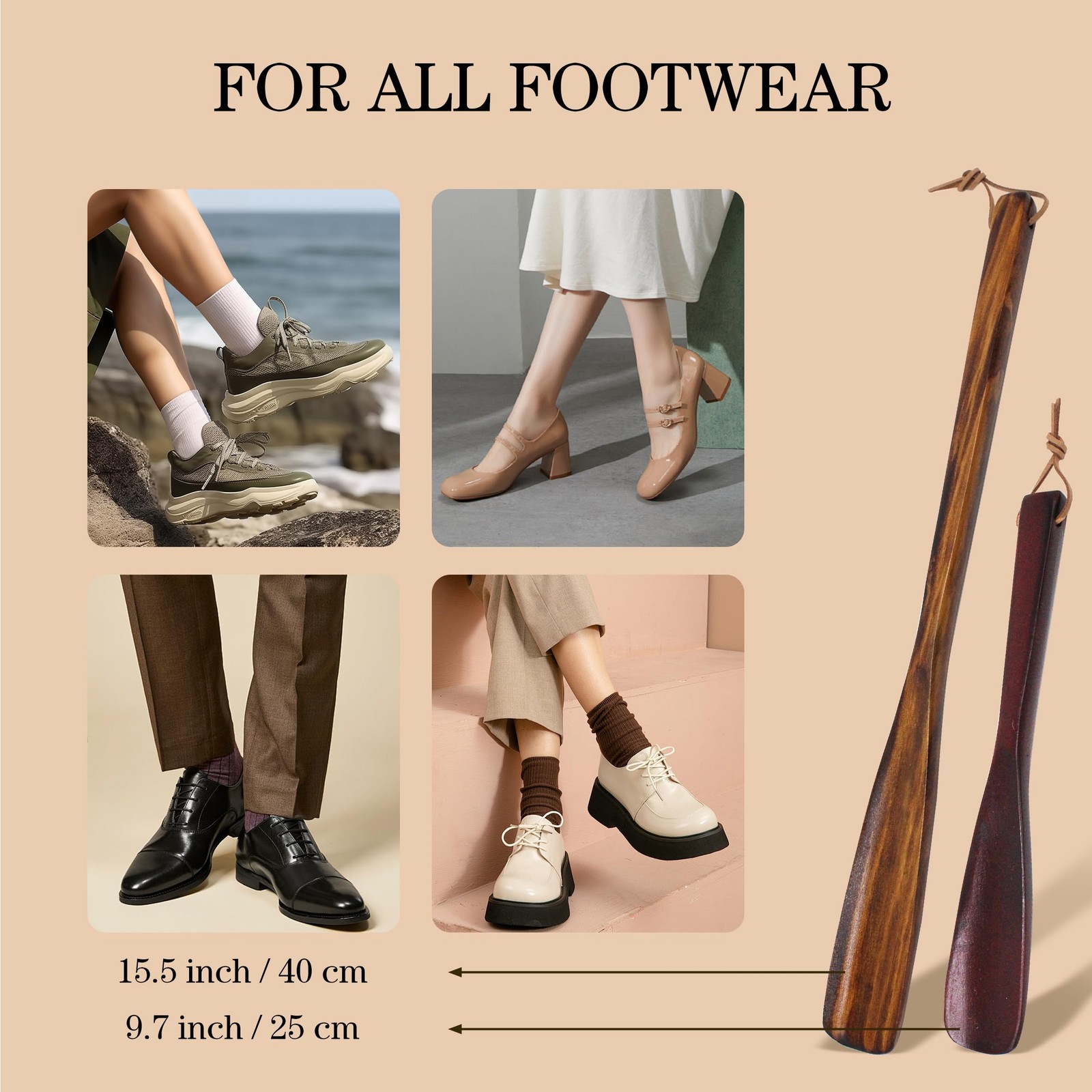 2 PCS Set 15″ Long & 9.7″ Short Wooden Shoe Horn Boot Helper Brown Wine