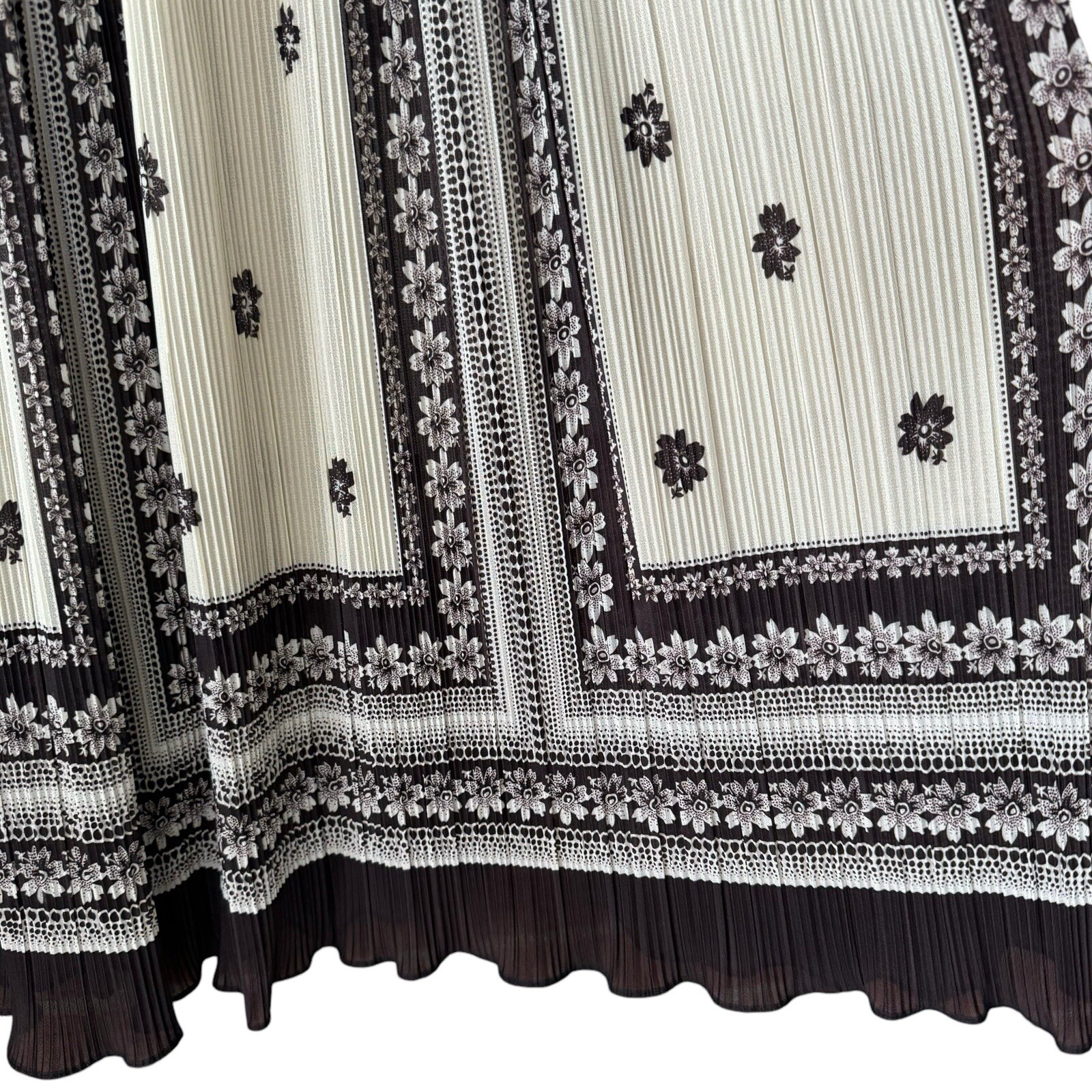 Vtg Hal Ferman Pleated Split Sleeve Midi Dress Sheer Brown Ivory Floral Large